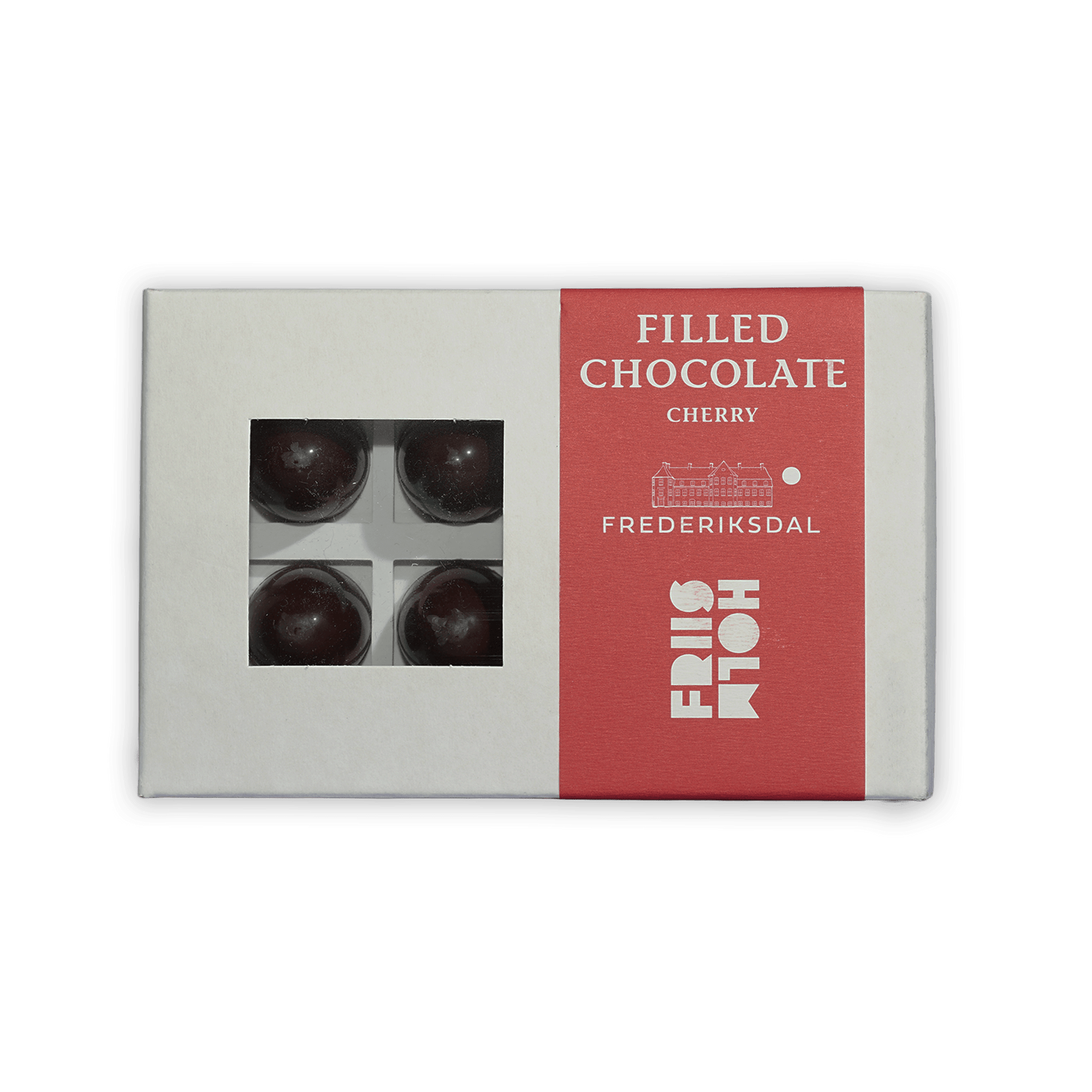 Friis Holm Frederiksdal cherry praline box with 4 glossy chocolates