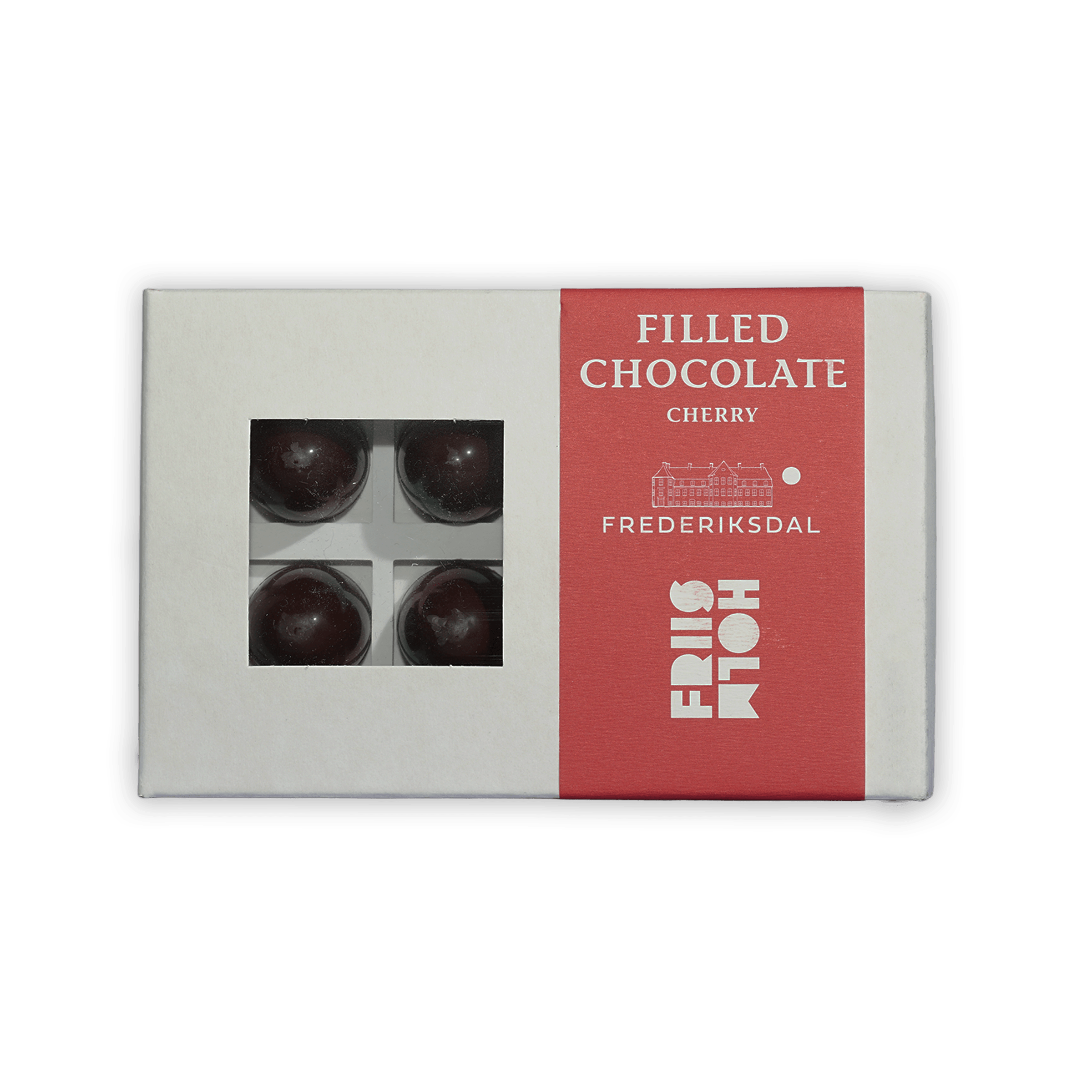 Friis Holm Frederiksdal cherry praline box with 4 glossy chocolates