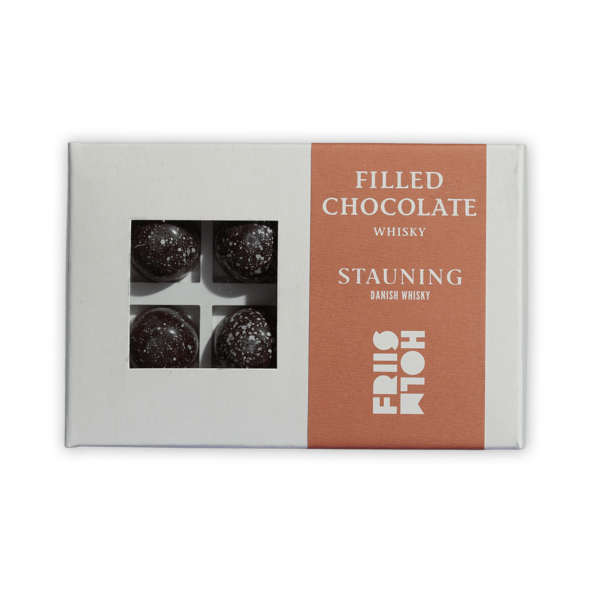 Friis Holm Stauning whisky pralines box with 8 dark speckled truffles