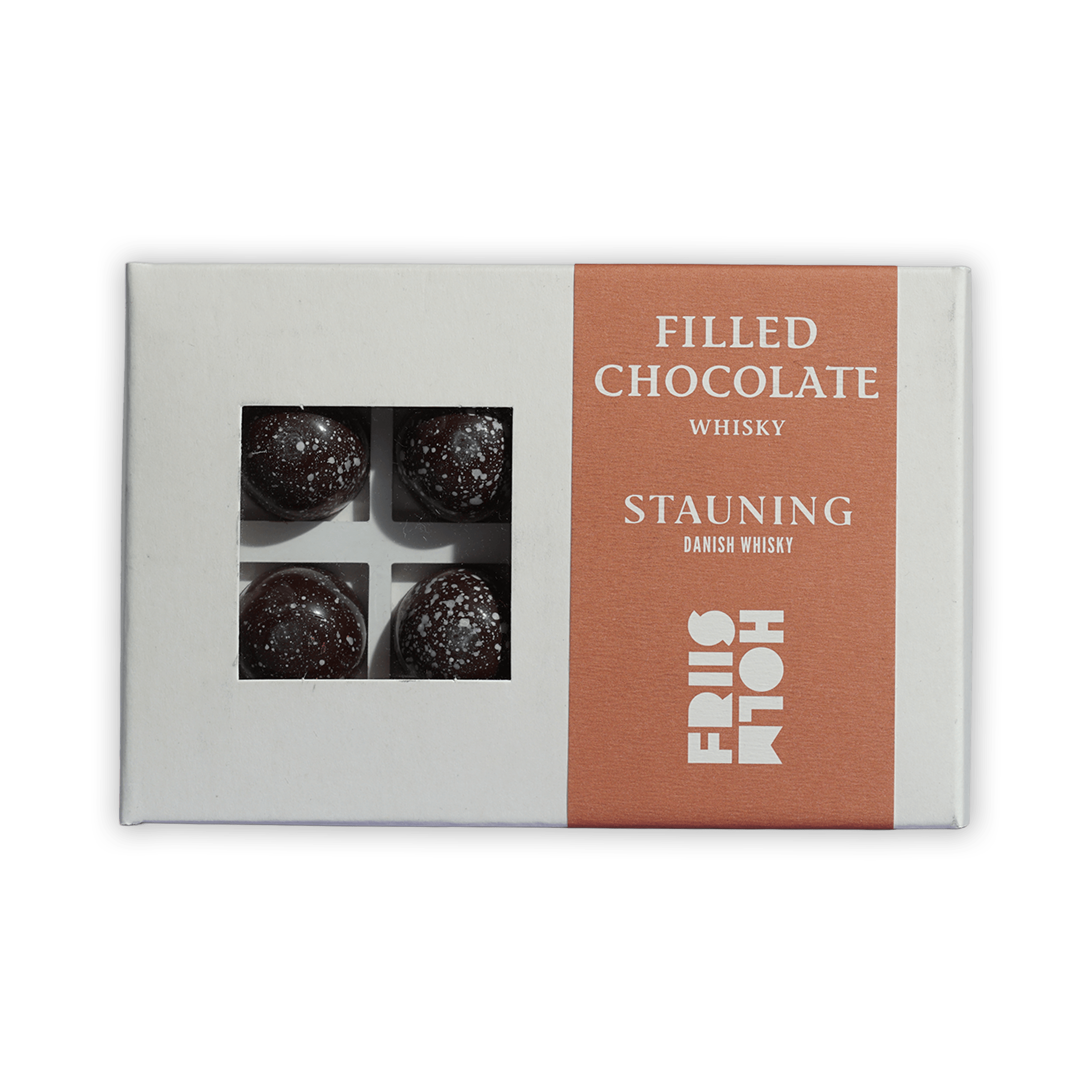 Friis Holm Stauning whisky pralines box with 8 dark speckled truffles