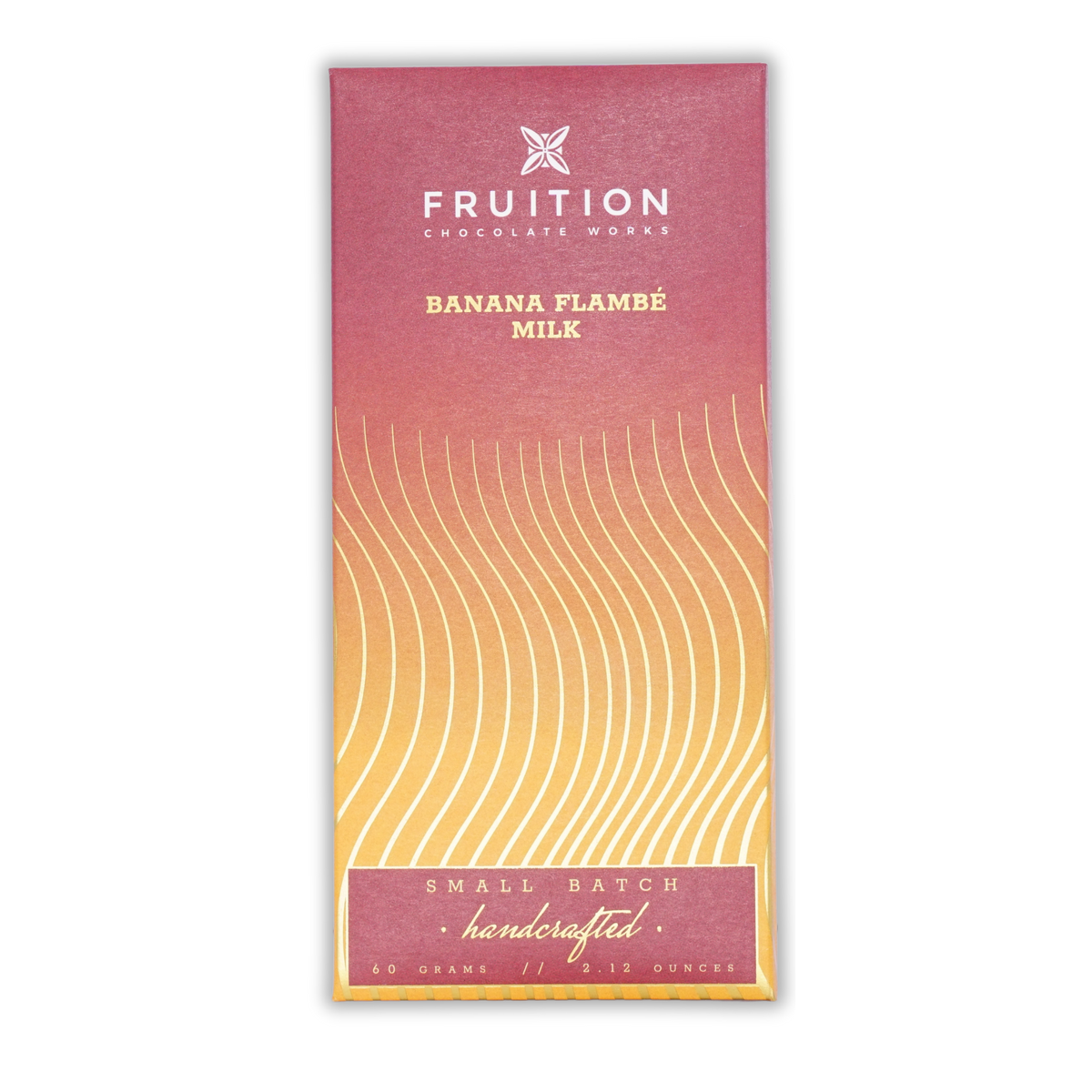 Fruition Banana Flambé Milk chocolate bar package with a pink and yellow wavy pattern on a black background.