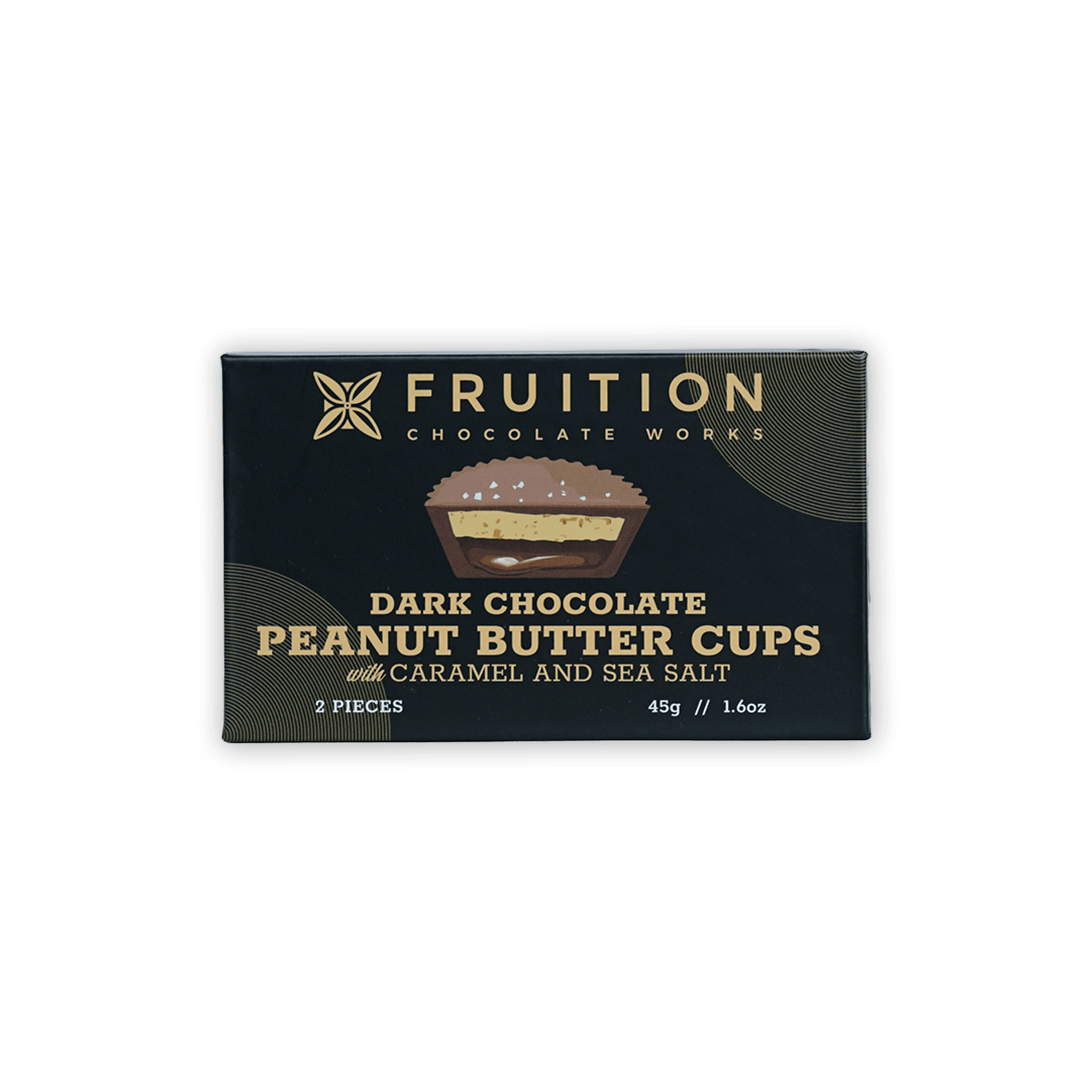 Fruition Chocolate dark peanut butter cups with caramel and sea salt in black box