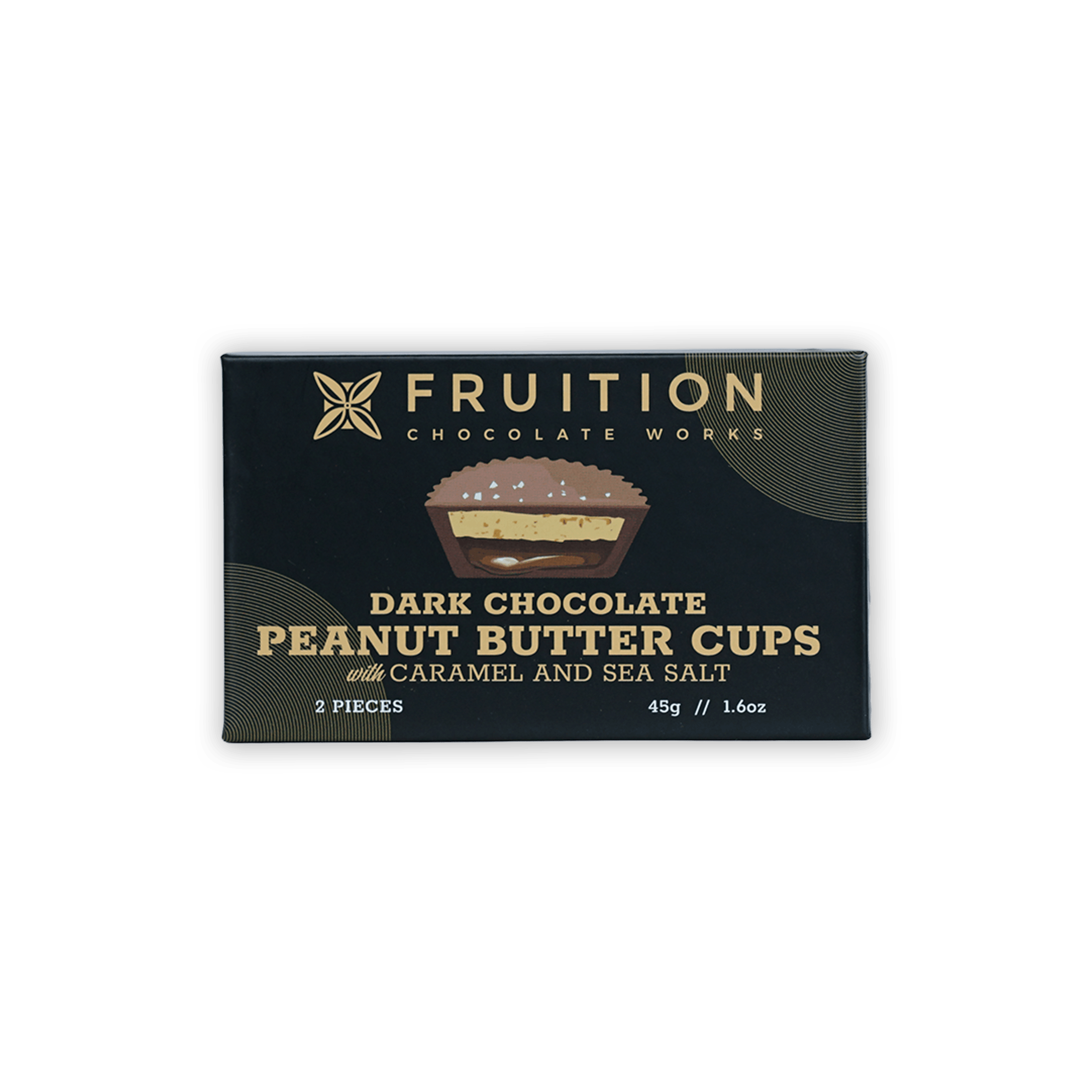 Fruition Chocolate dark peanut butter cups with caramel and sea salt in black box