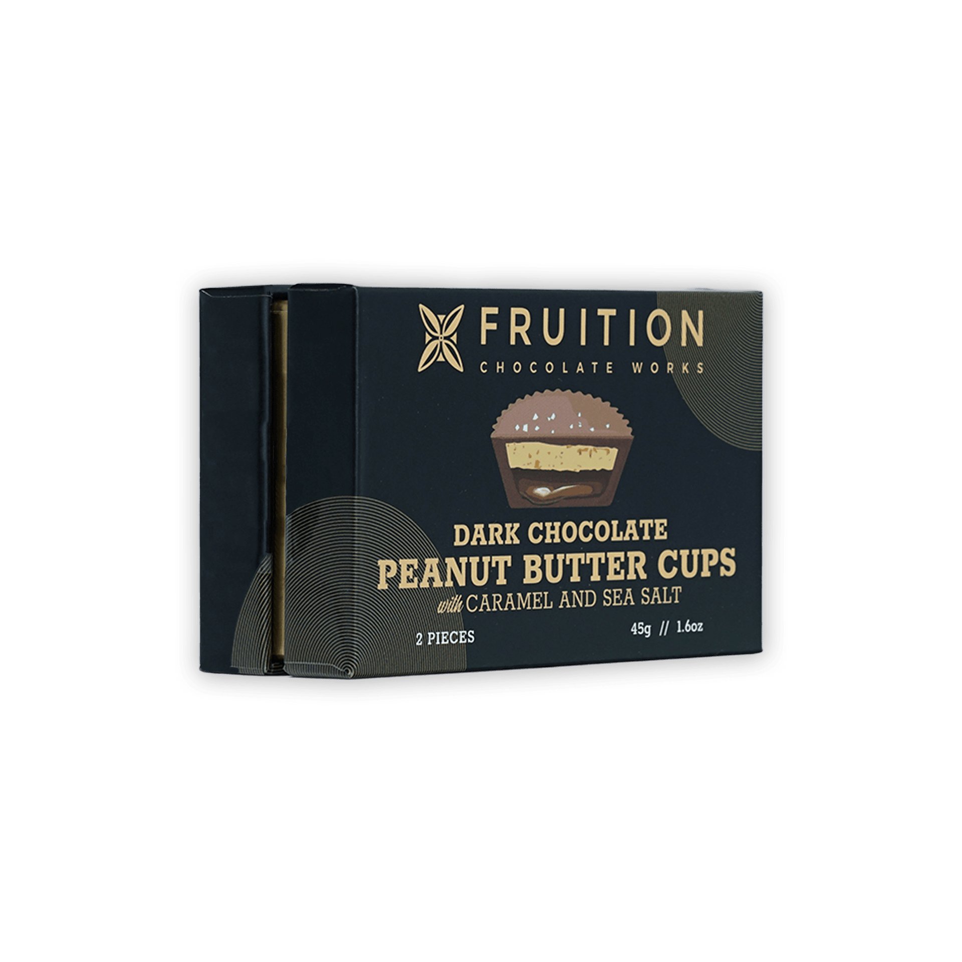 Fruition Chocolate dark peanut butter cups with caramel and sea salt in navy box