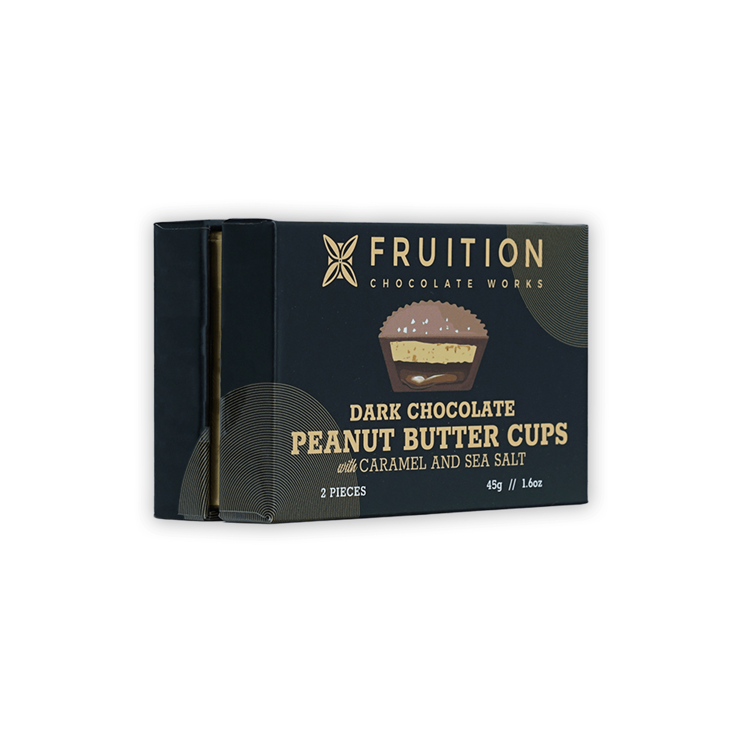 Fruition Chocolate dark peanut butter cups with caramel and sea salt in navy box