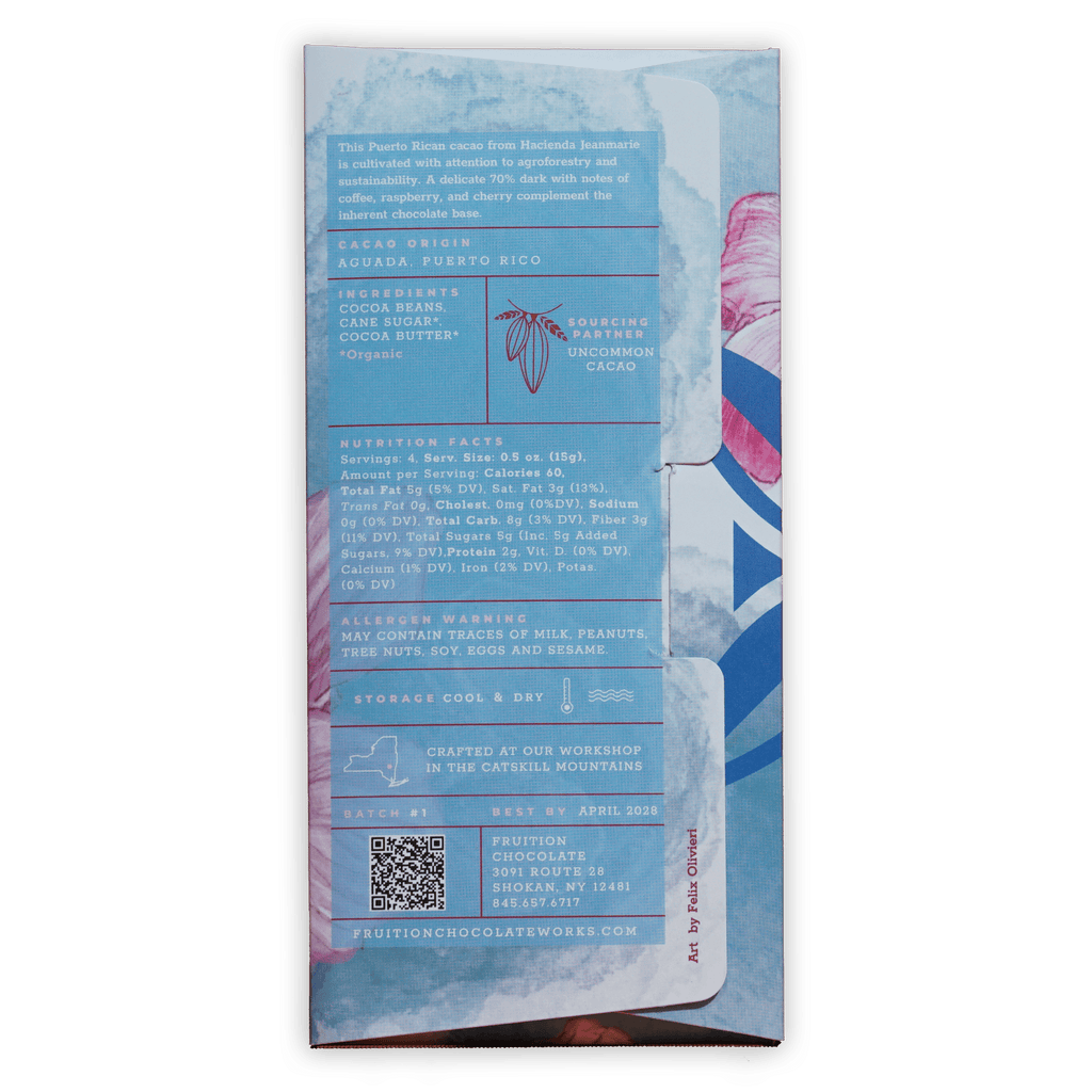 Fruition Dark Puerto Rico Jeanmarie 70% light blue floral chocolate wrapper