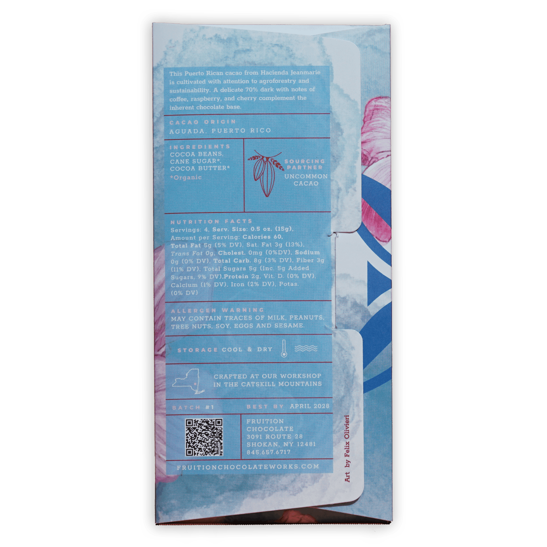 Fruition Dark Puerto Rico Jeanmarie 70% light blue floral chocolate wrapper