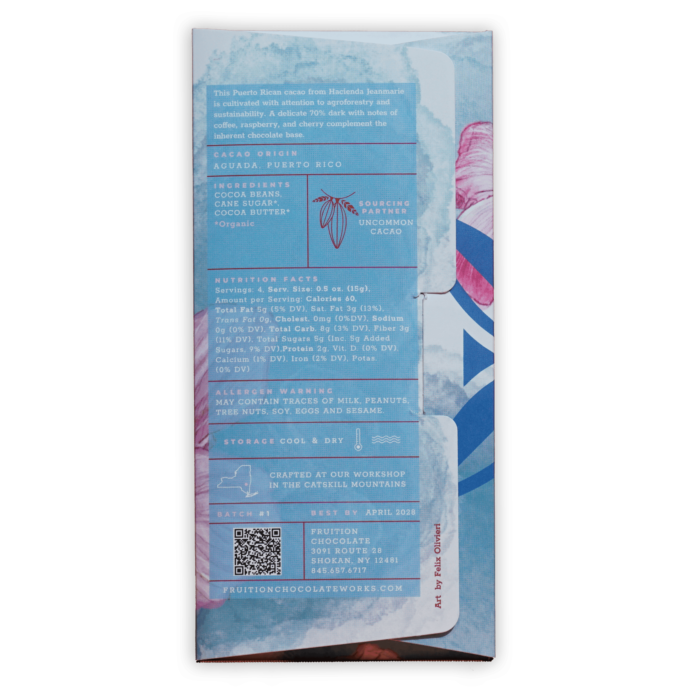 Fruition Dark Puerto Rico Jeanmarie 70% light blue floral chocolate wrapper