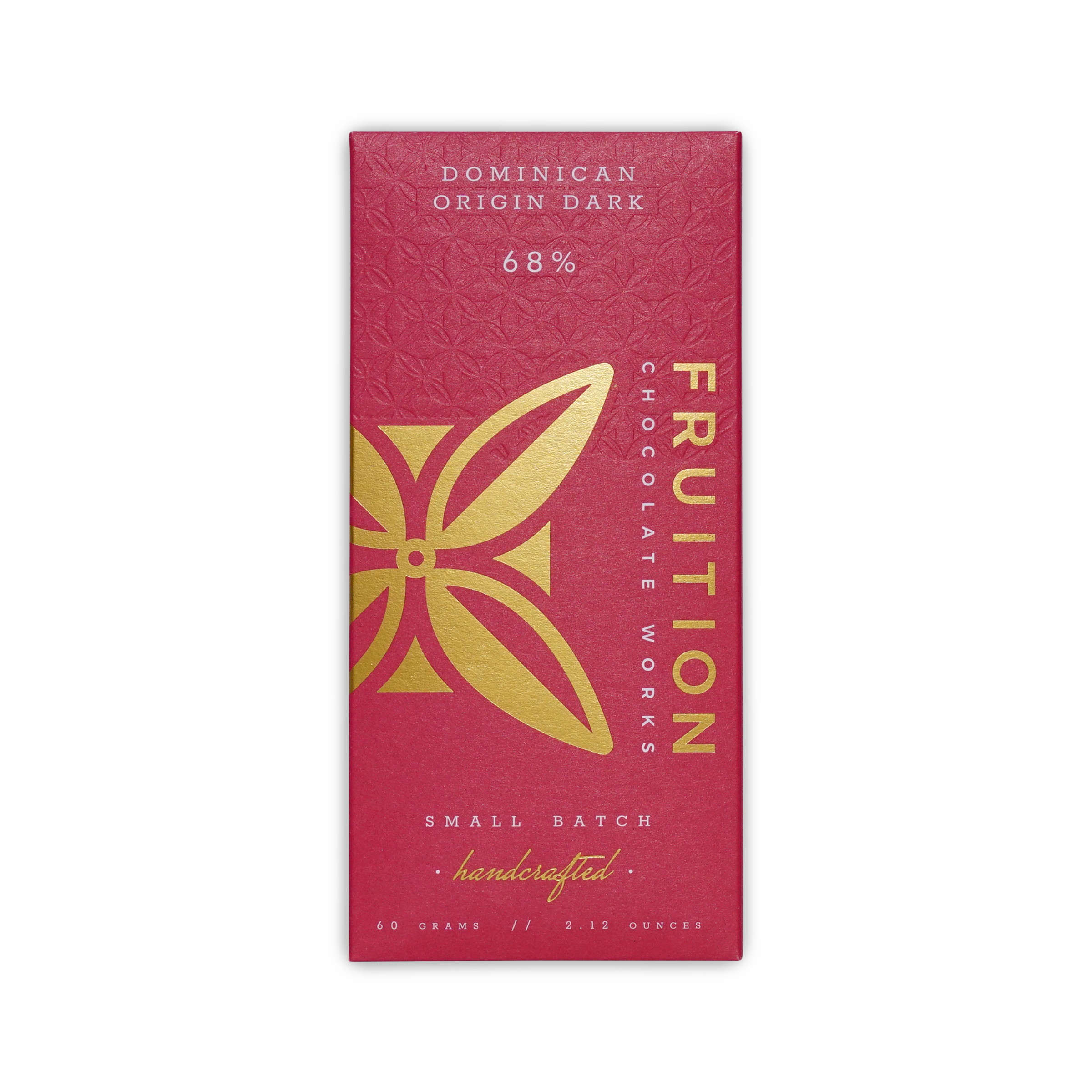 Deep pink Fruition Chocolate Works box with a gold flower emblem, reading Dominican Origin Dark 68%, 60 grams.