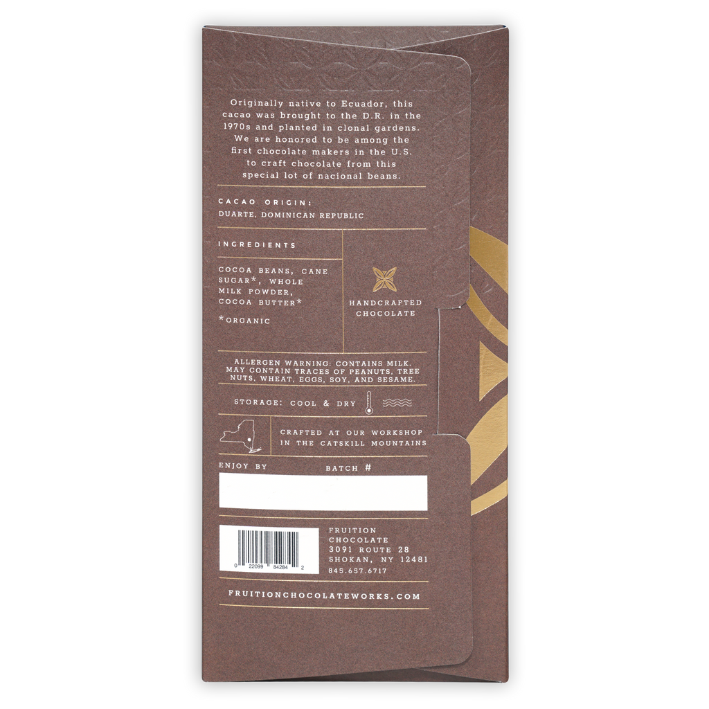 Fruition Dominican Nacional Dark Milk 68% organic Ecuador chocolate bar wrapper
