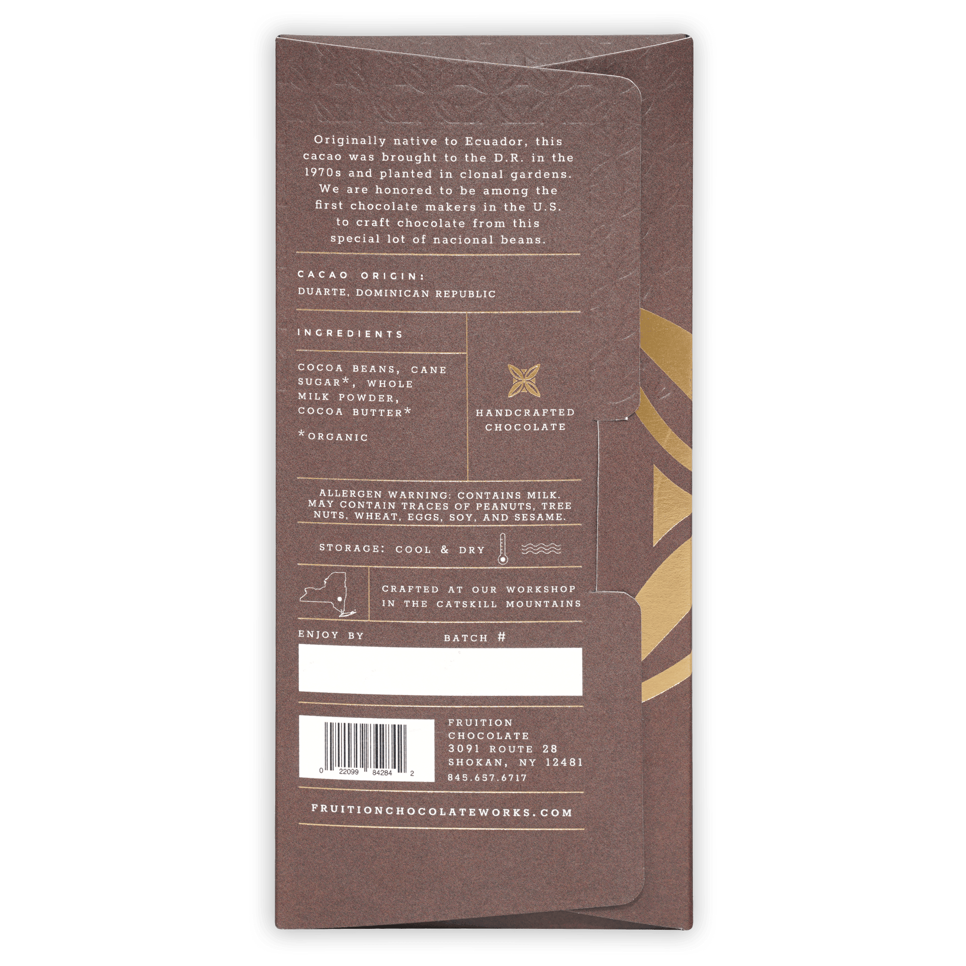 Fruition Dominican Nacional Dark Milk 68% organic Ecuador chocolate bar wrapper