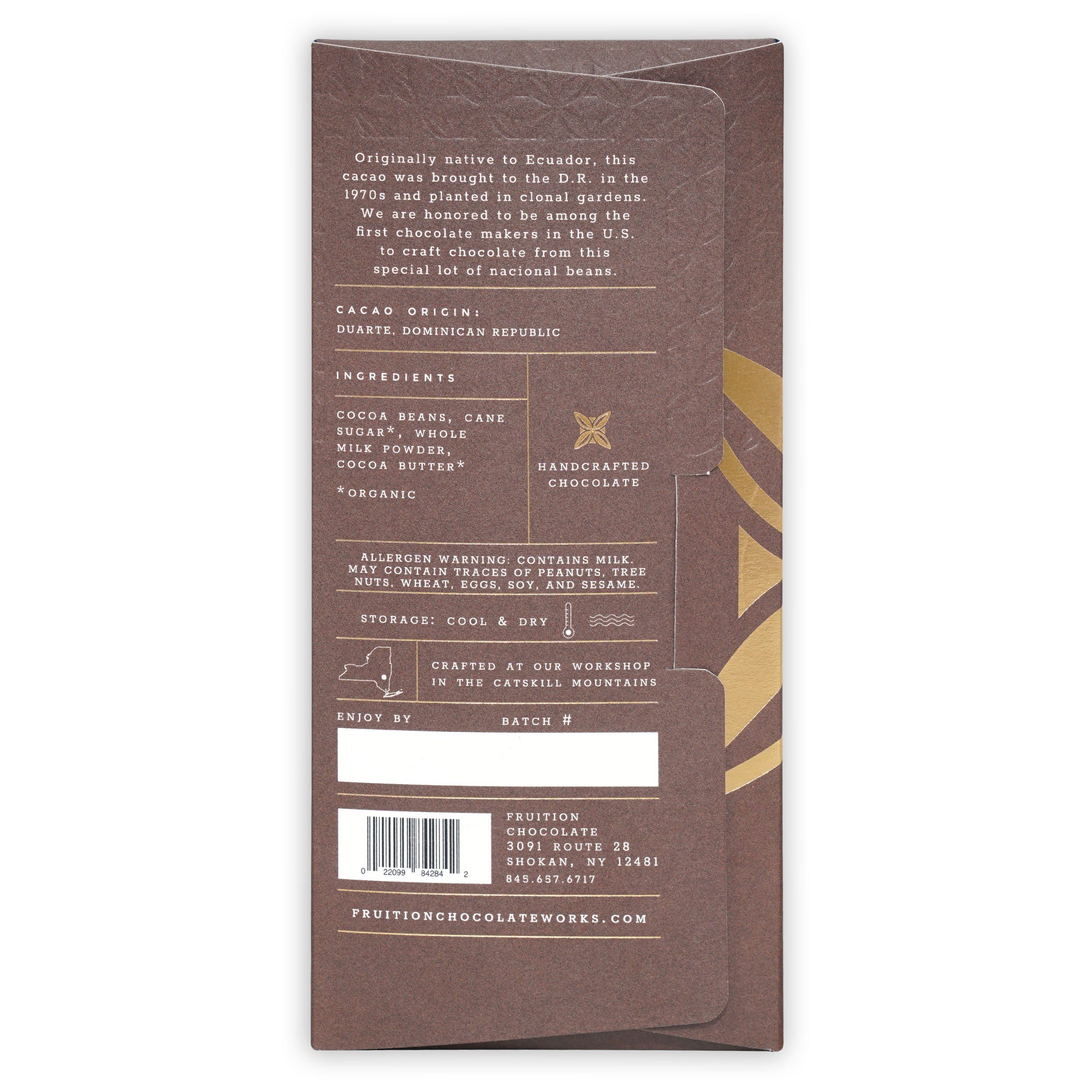Fruition Dominican Nacional Dark Milk 68% organic Ecuador chocolate bar wrapper