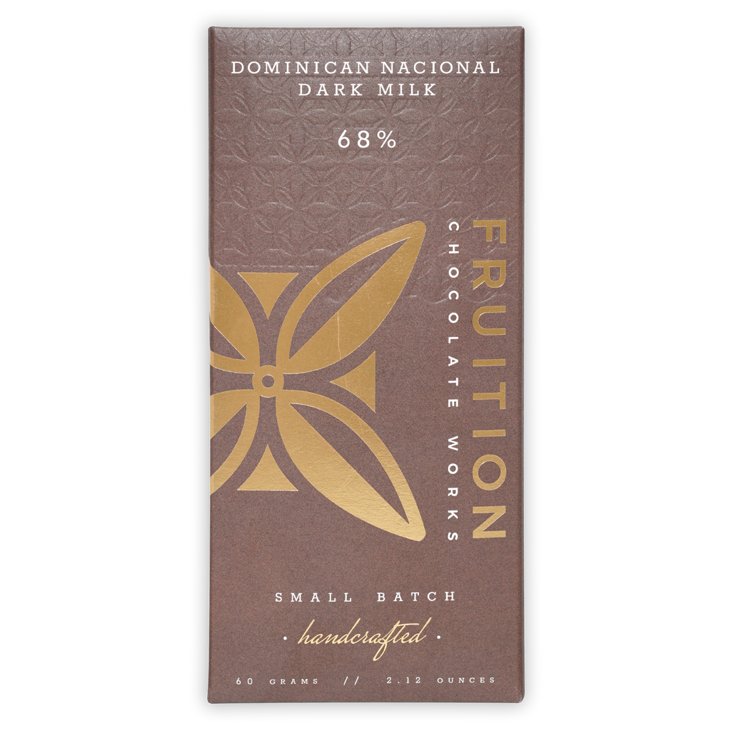 Fruition Dominican Nacional Dark Milk 68% chocolate bar wrapper
