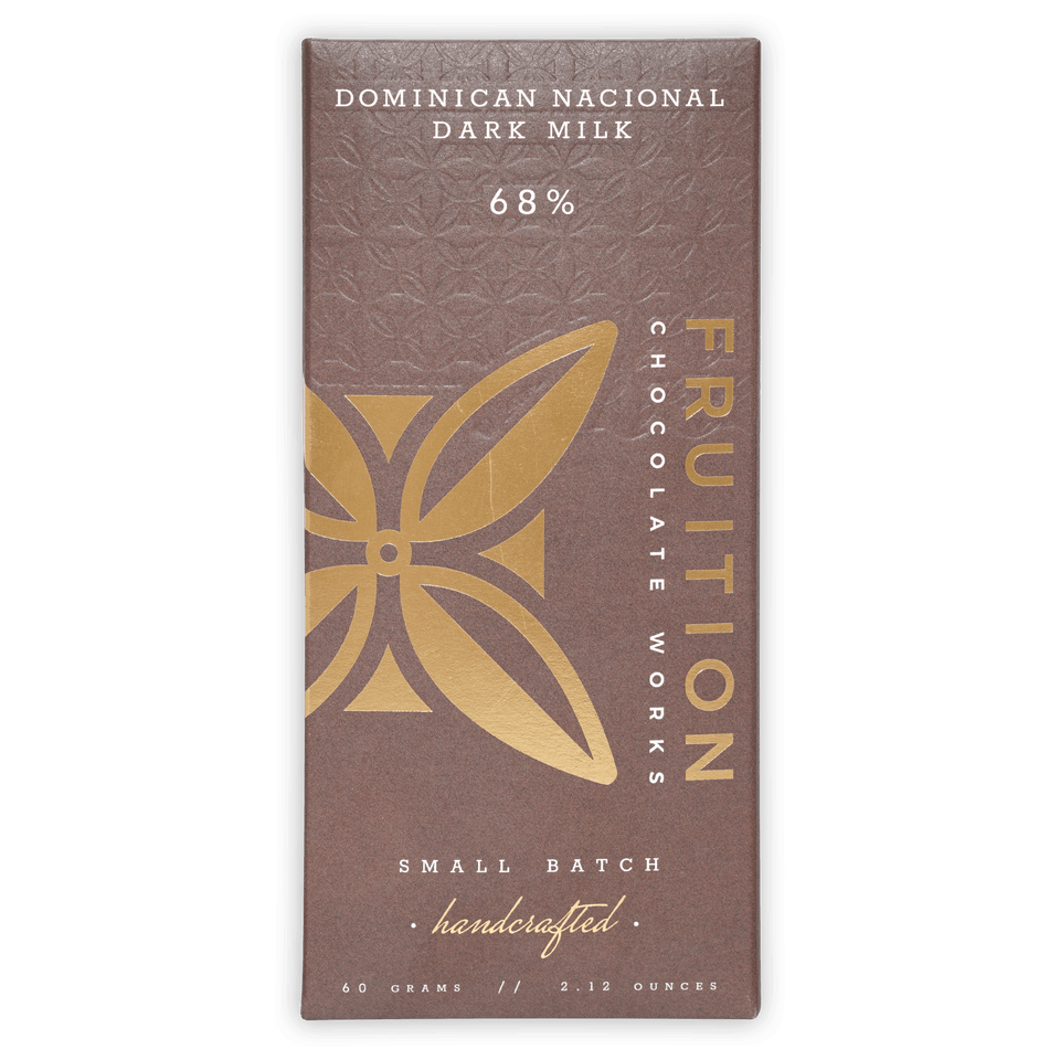 Fruition Dominican Nacional Dark Milk 68% chocolate bar wrapper
