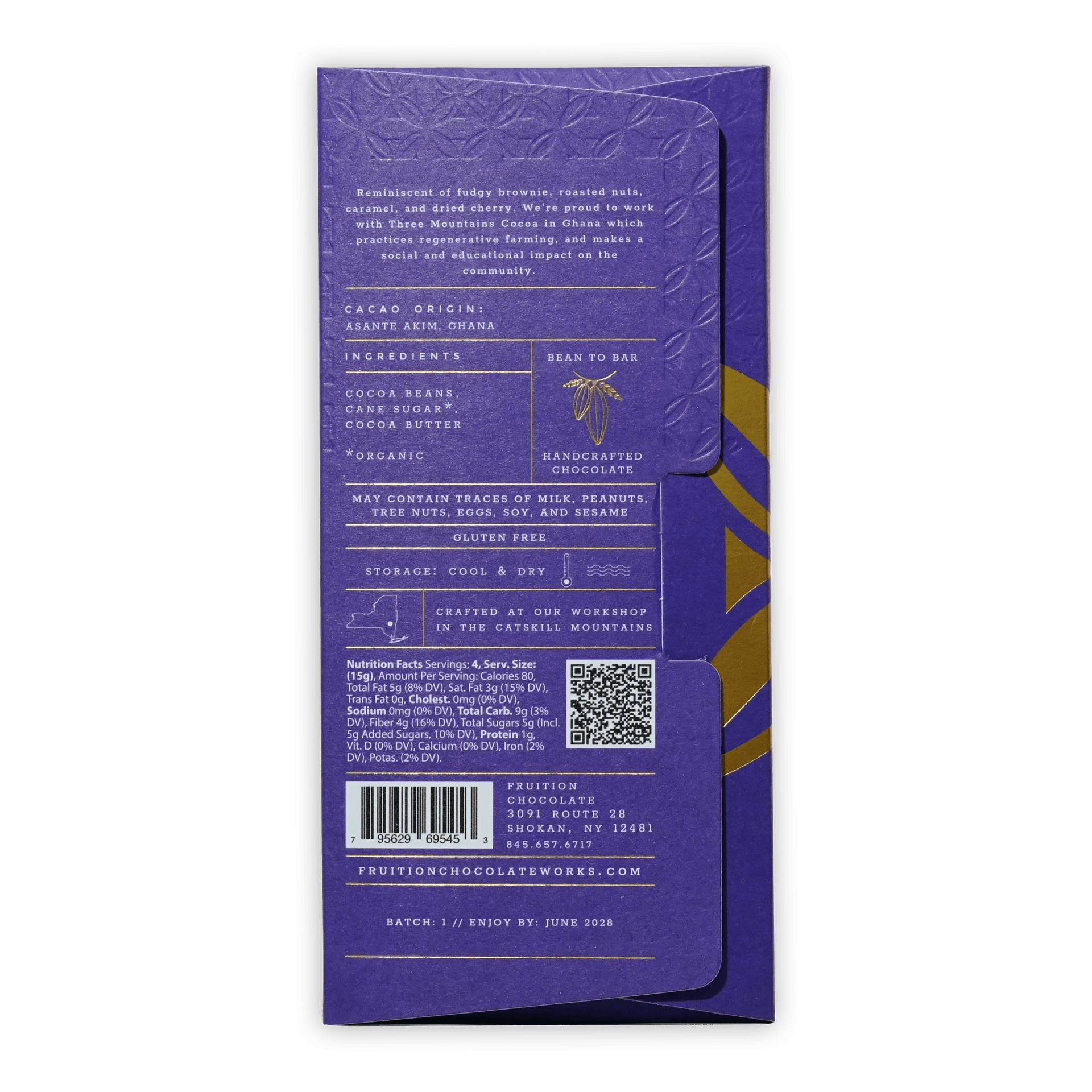 Fruition Ghana Three Mountains Dark 74% purple wrapper with gold foil leaves