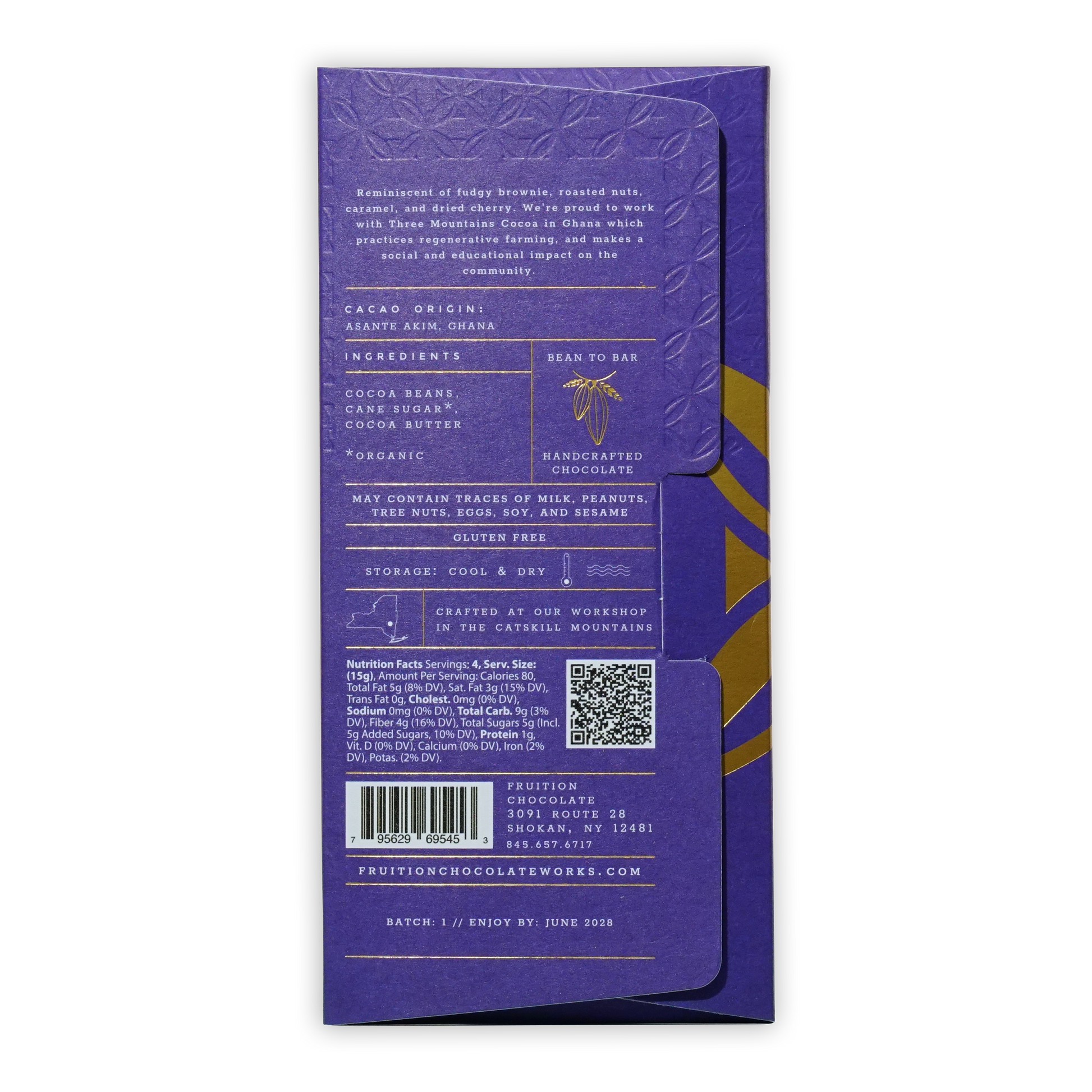 Fruition Ghana Three Mountains Dark 74% purple wrapper with gold foil leaves