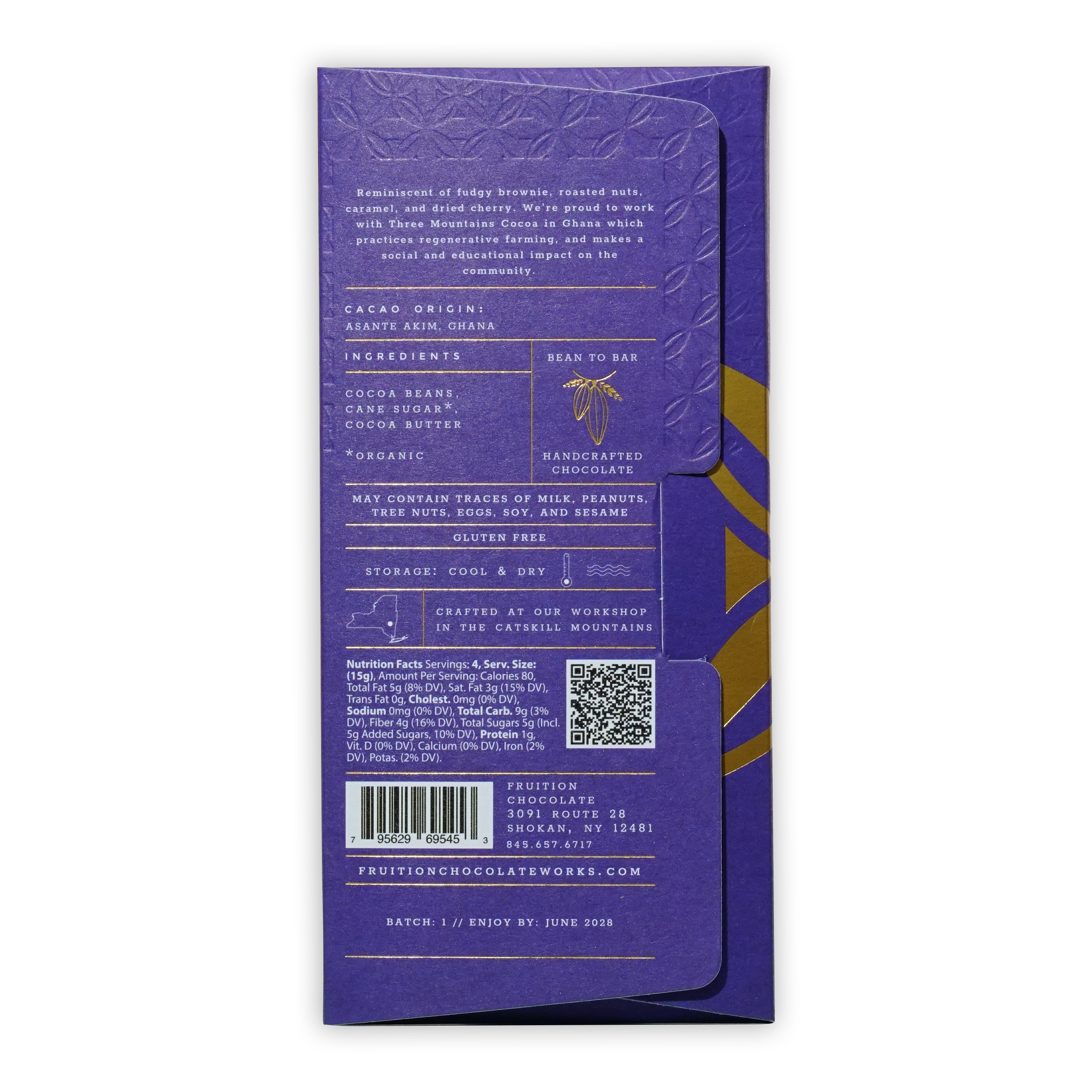 Fruition Ghana Three Mountains Dark 74% purple wrapper with gold foil leaves