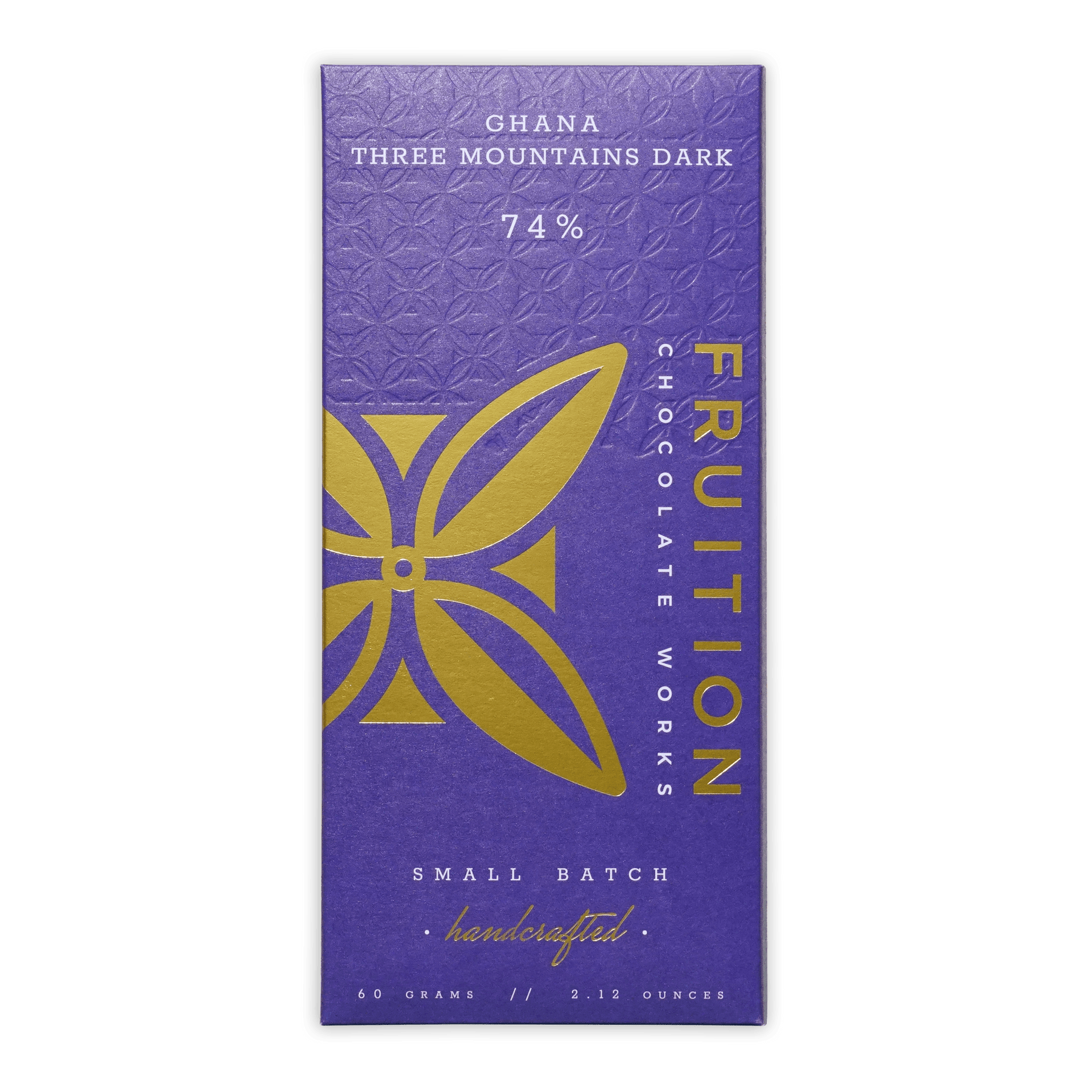 Fruition Ghana Three Mountains Dark 74% purple gold chocolate bar