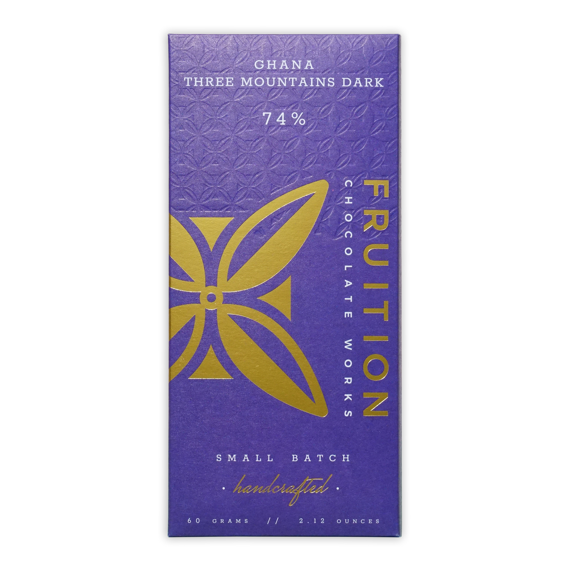 Fruition Ghana Three Mountains Dark 74% purple gold chocolate bar
