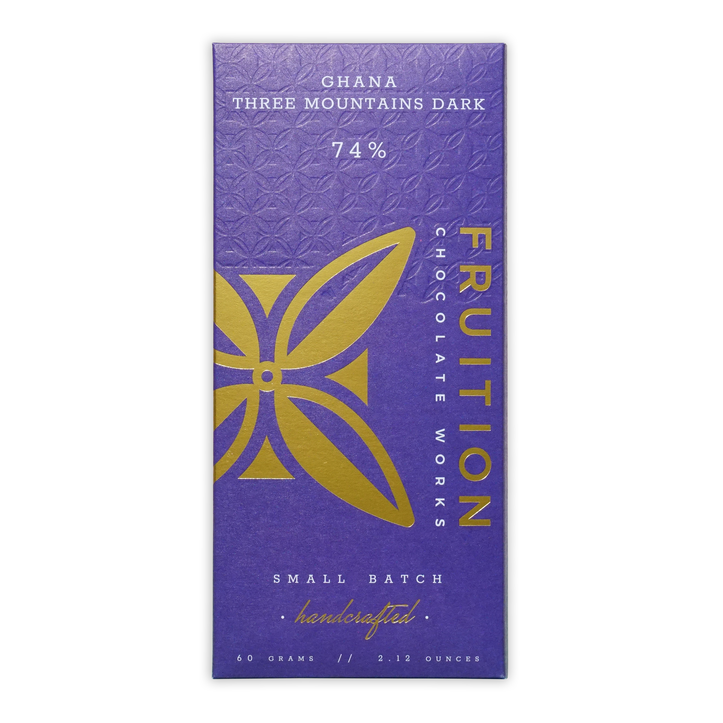 Fruition Ghana Three Mountains Dark 74% purple gold chocolate bar