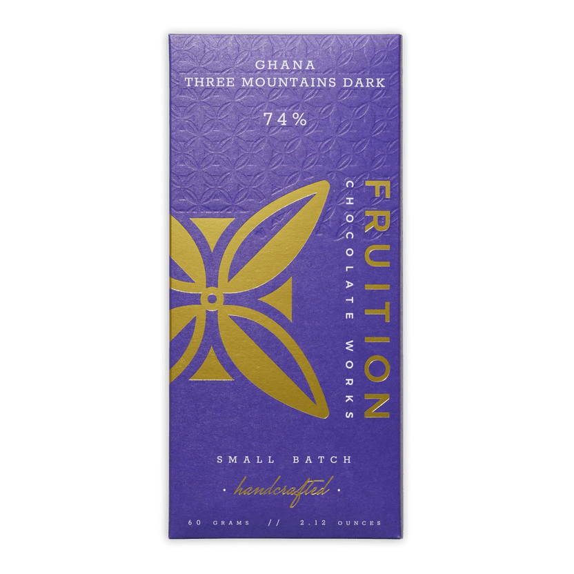 Fruition Ghana Three Mountains Dark 74% purple gold chocolate bar
