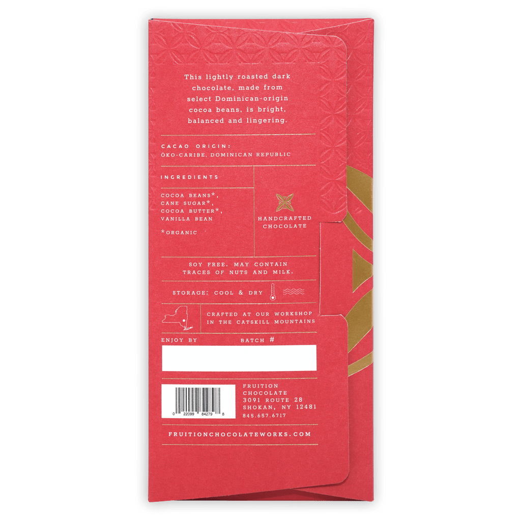 Fruition Hispaniola Dark 68% red rectangular wrapper with gold foil