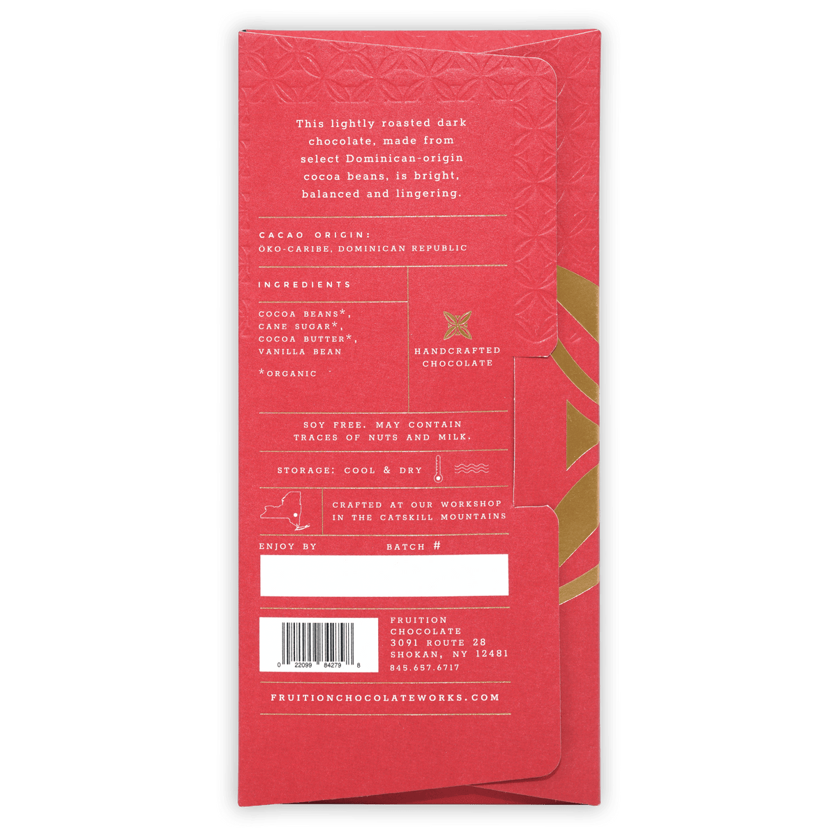 Fruition Hispaniola Dark 68% red rectangular wrapper with gold foil