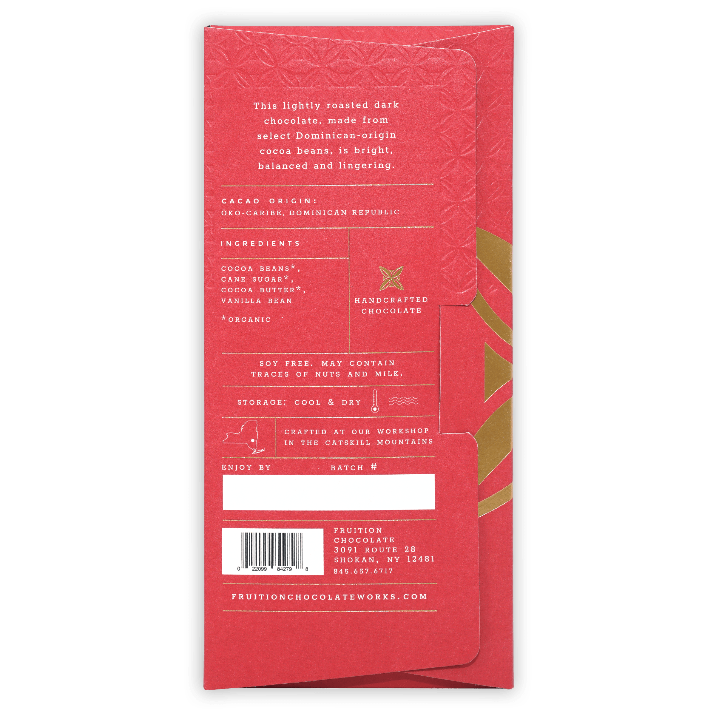 Fruition Hispaniola Dark 68% red rectangular wrapper with gold foil