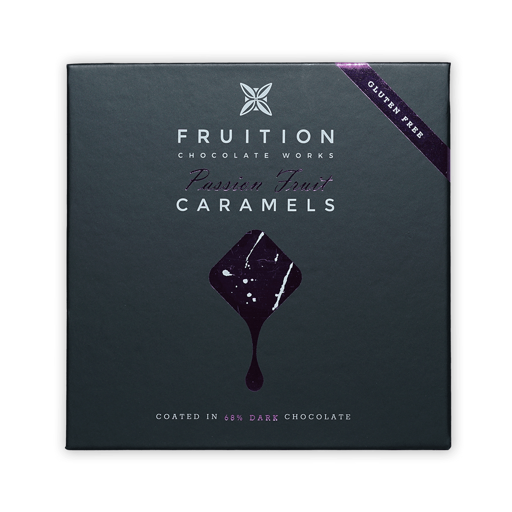 Fruition Passion Fruit Caramels 9 pcs dark gray box with 68% dark chocolate coating