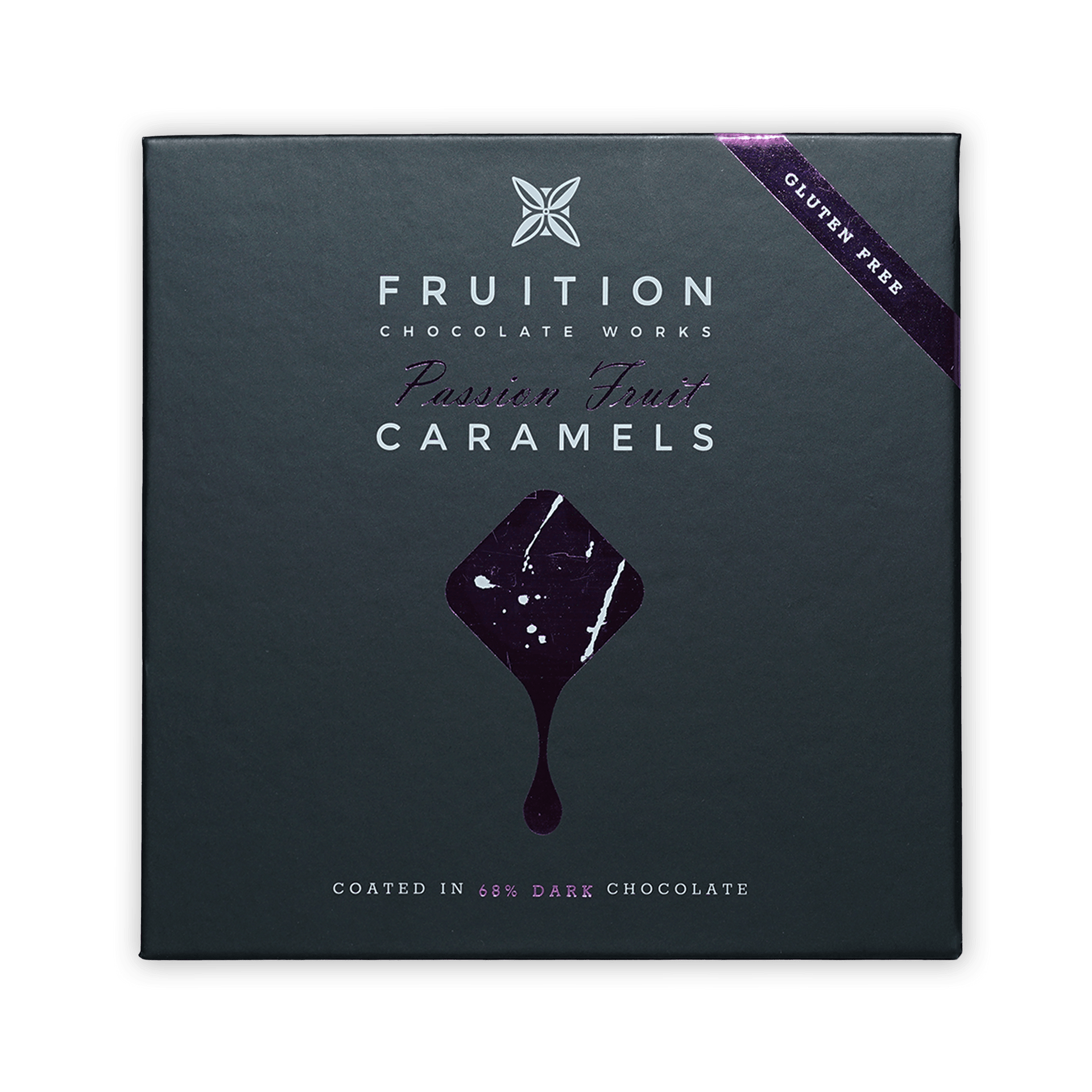 Fruition Passion Fruit Caramels 9 pcs dark gray box with 68% dark chocolate coating