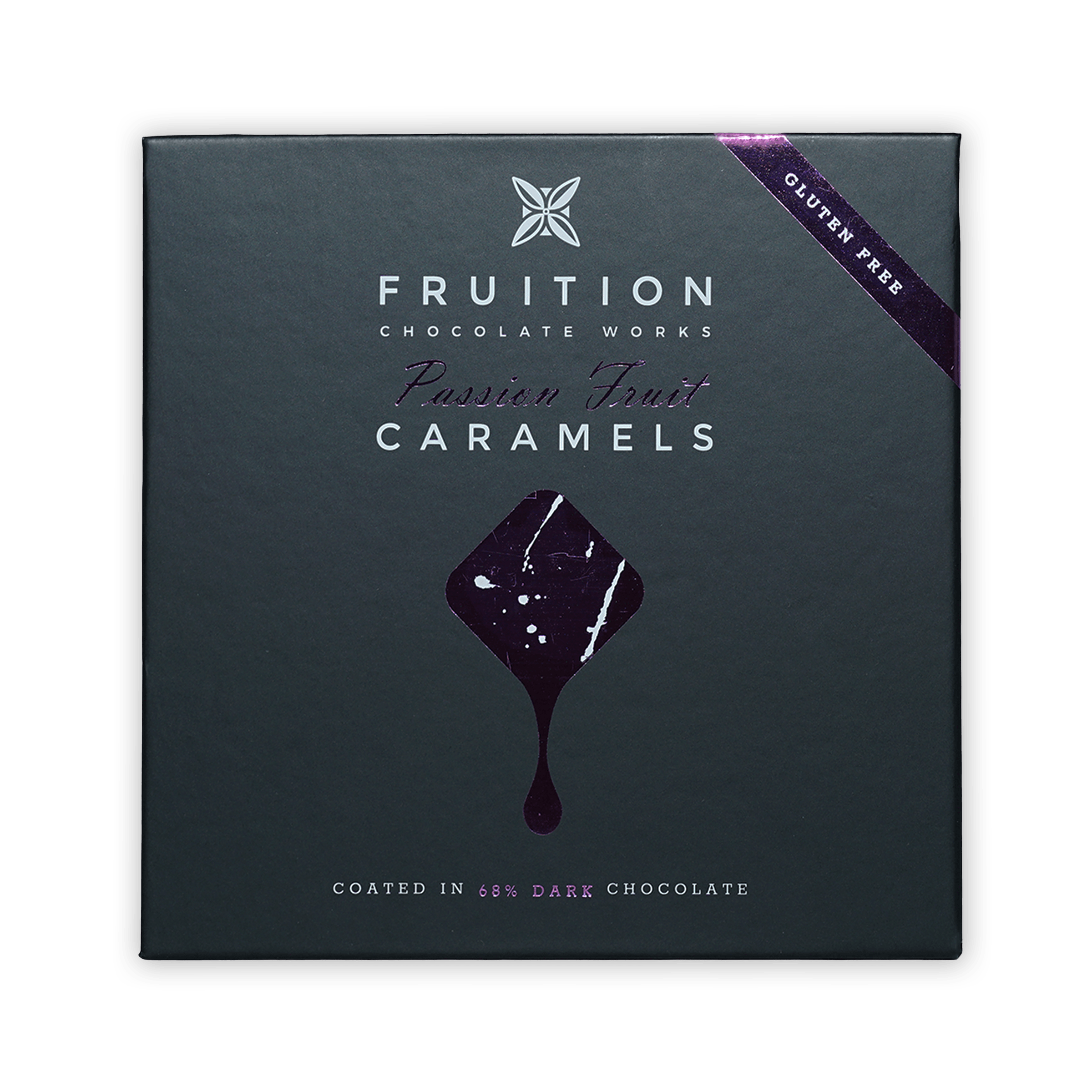 Fruition Passion Fruit Caramels 9 pcs dark gray box with 68% dark chocolate coating