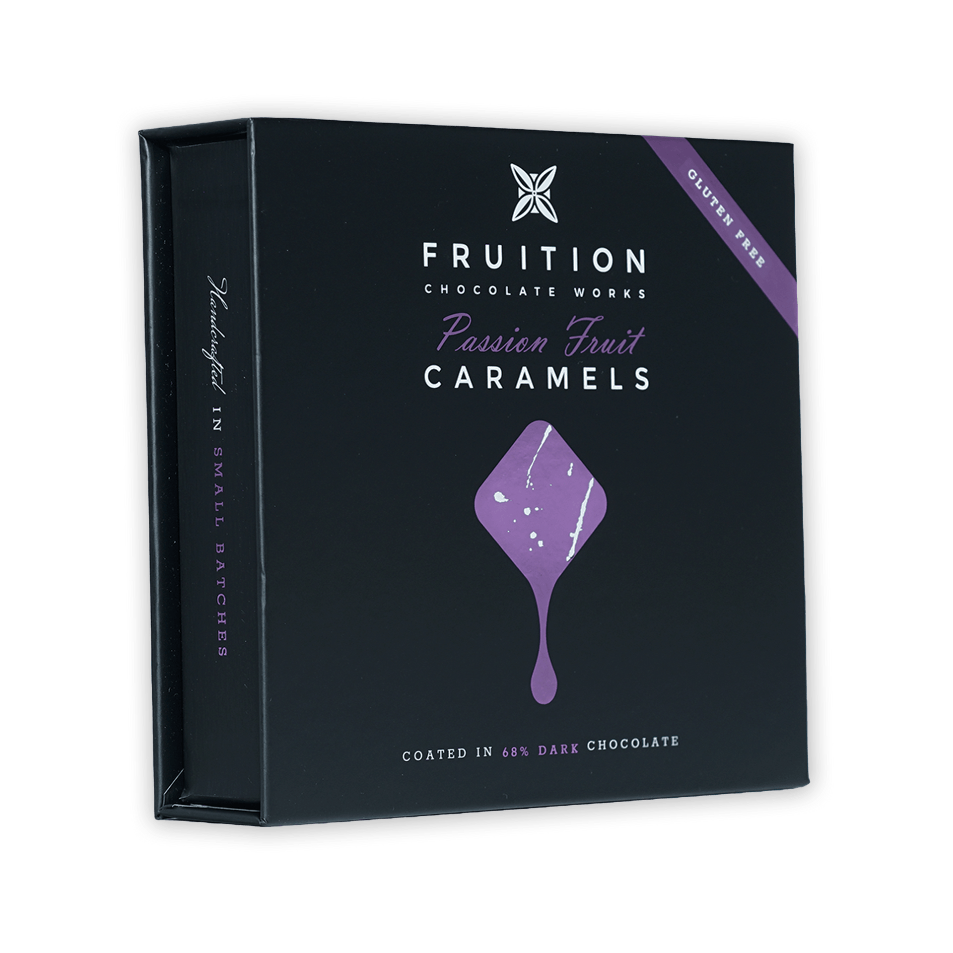 Fruition Passion Fruit Caramels 9 pcs box, gluten free dark chocolate