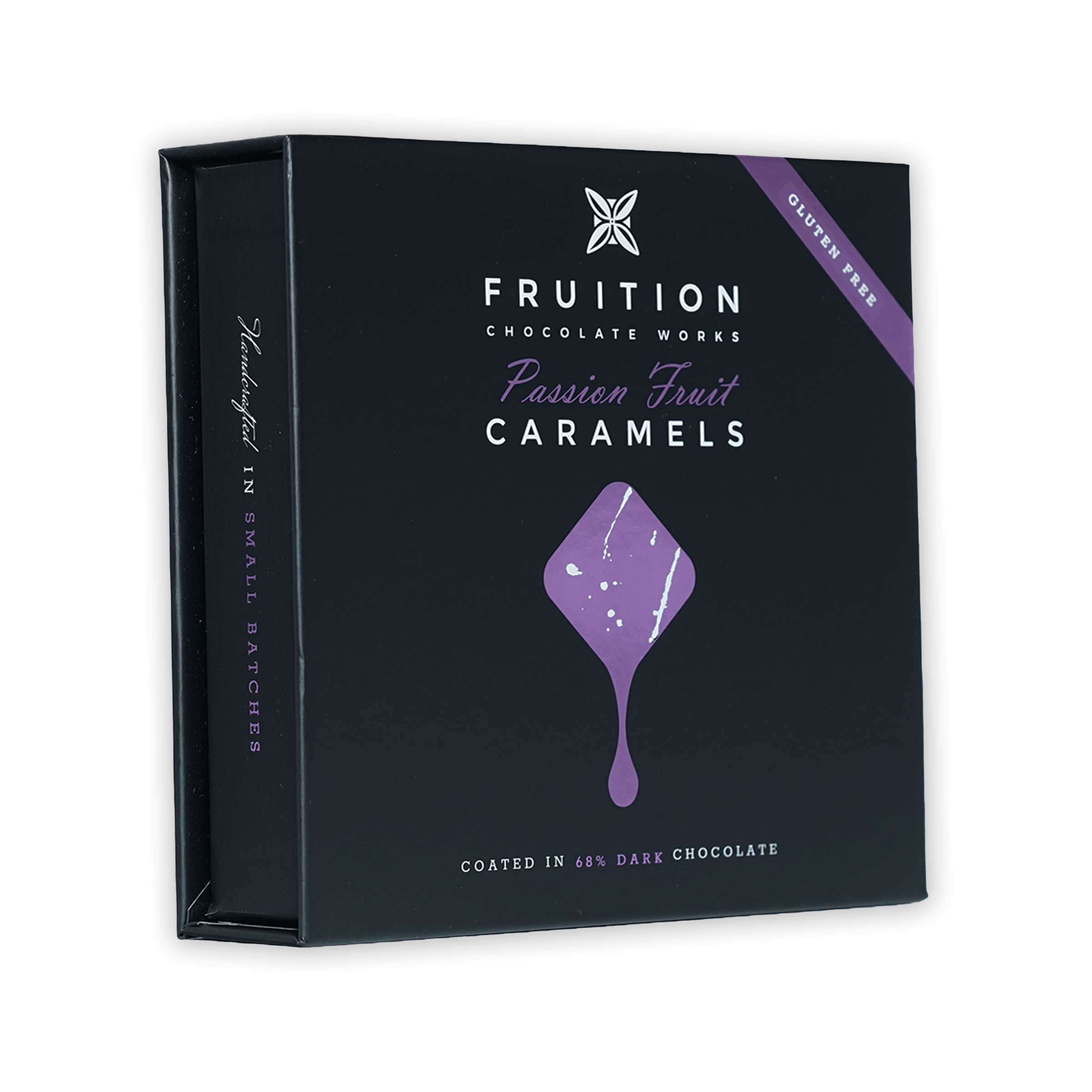 Fruition Passion Fruit Caramels 9 pcs box, gluten free dark chocolate