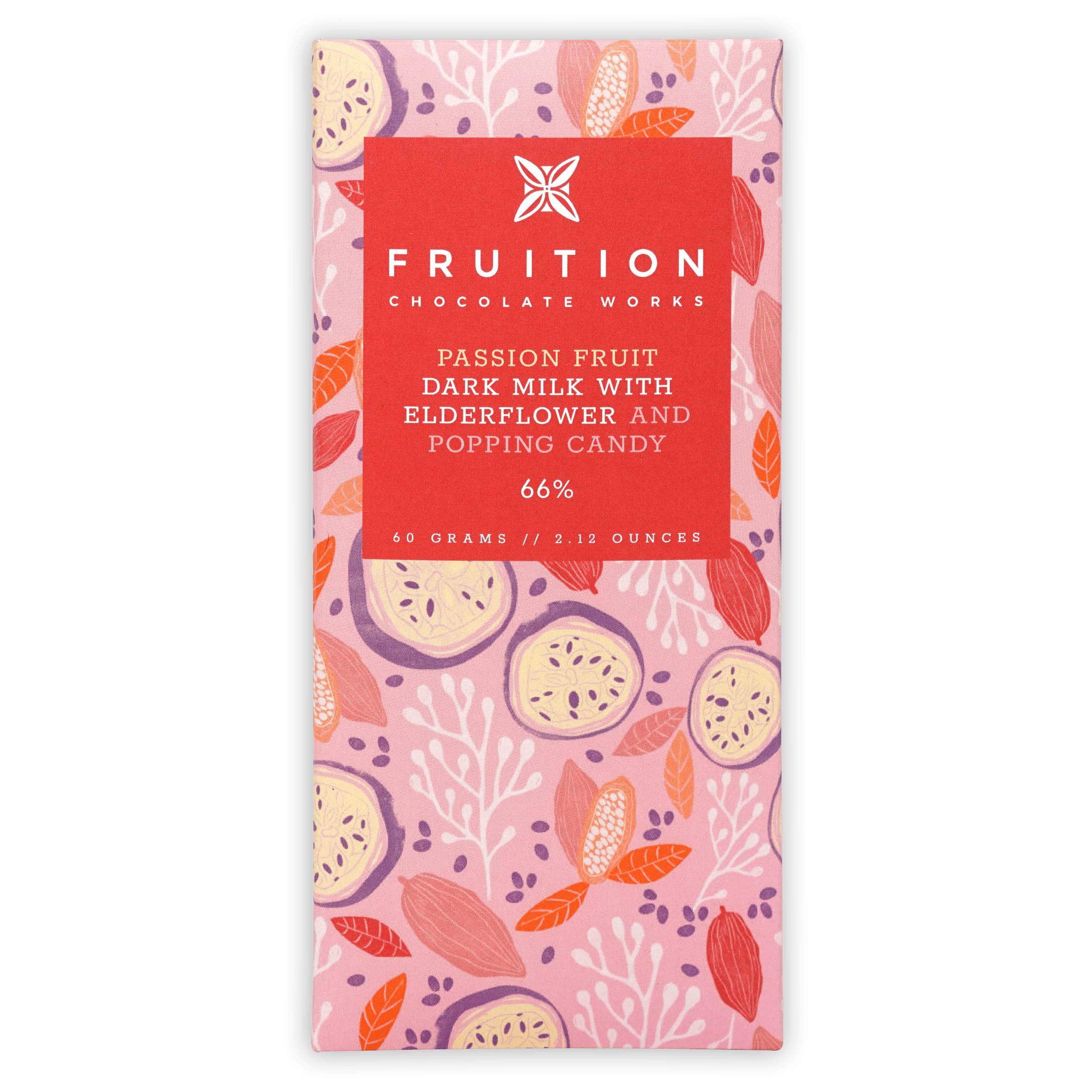 Pink Fruition box patterned with passion fruit and cacao pods, red label reading Passion Fruit Dark Milk 66%.