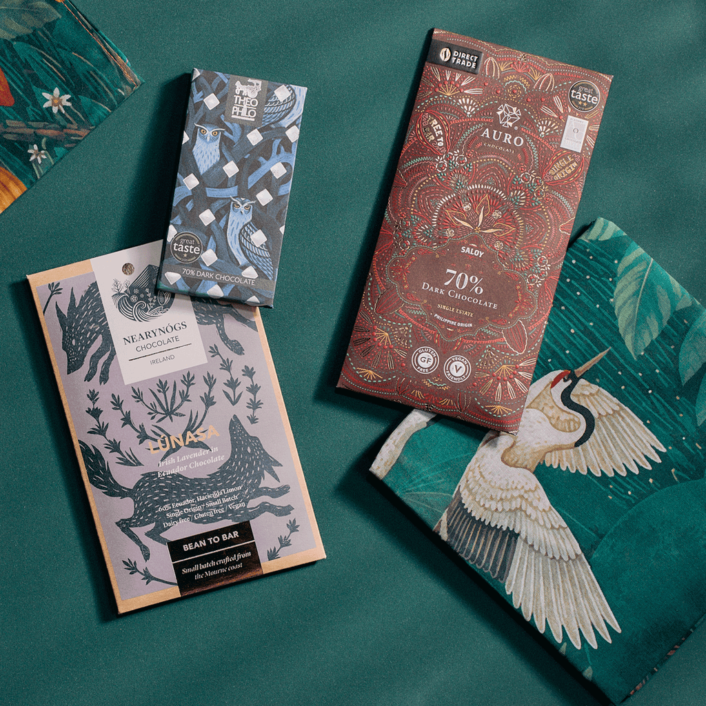 NearyNogs, Auro and Theo & Philo chocolate bars beside Bar & Cocoa crane print furoshiki