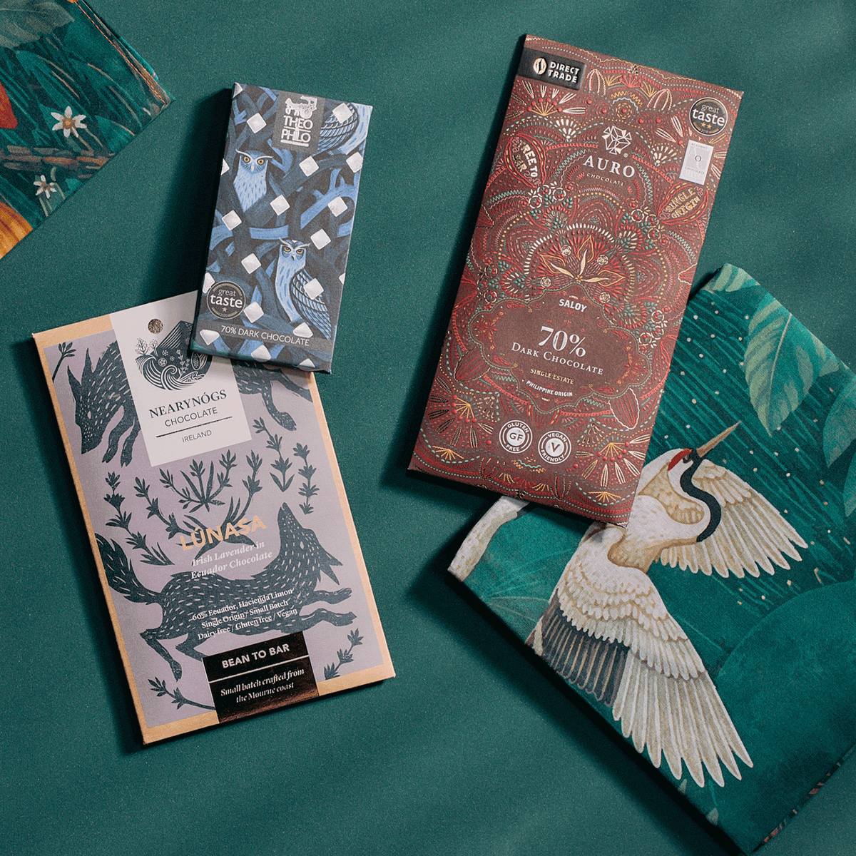NearyNogs, Auro and Theo & Philo chocolate bars beside Bar & Cocoa crane print furoshiki