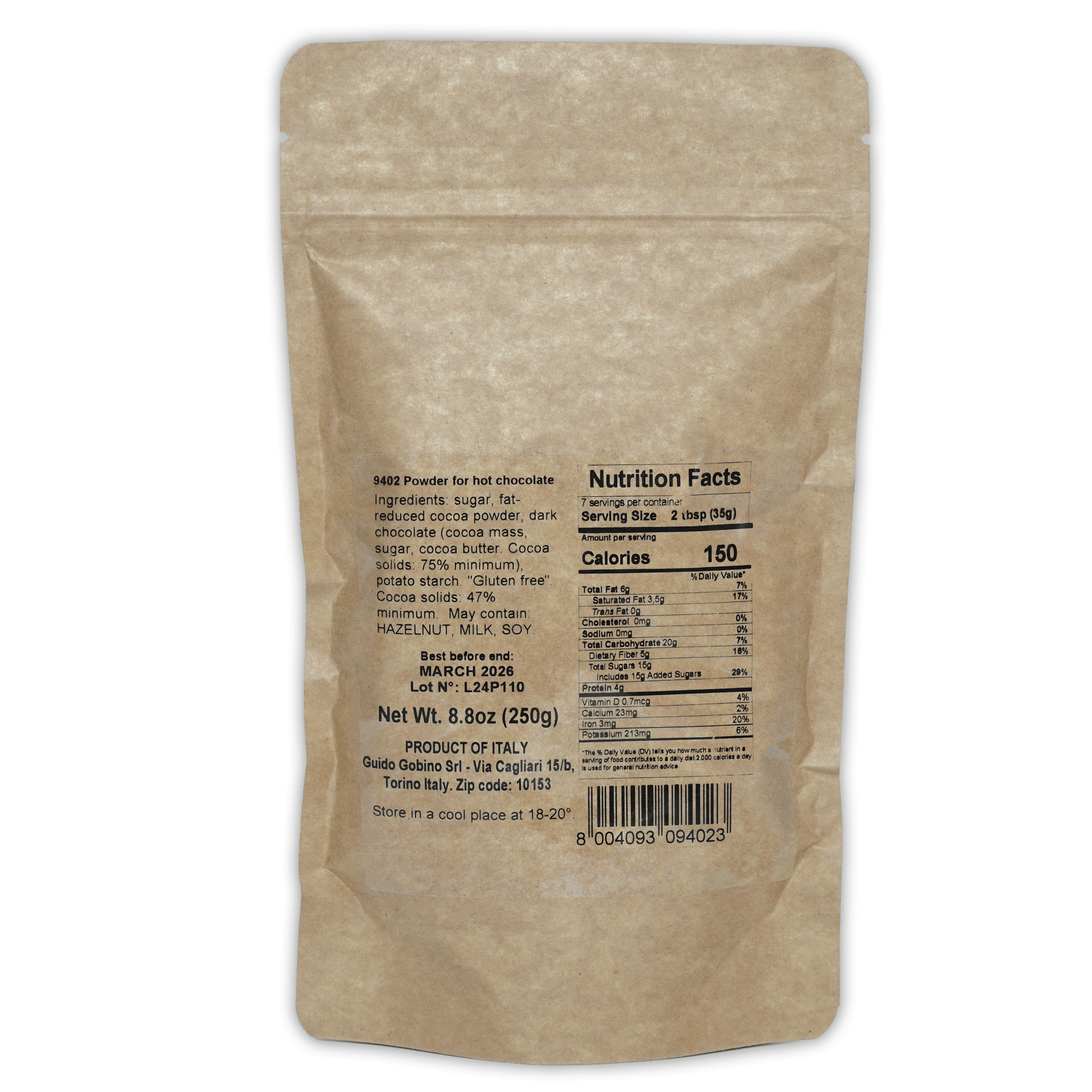 Guido Gobino 9402 Italian hot chocolate powder in beige resealable pouch