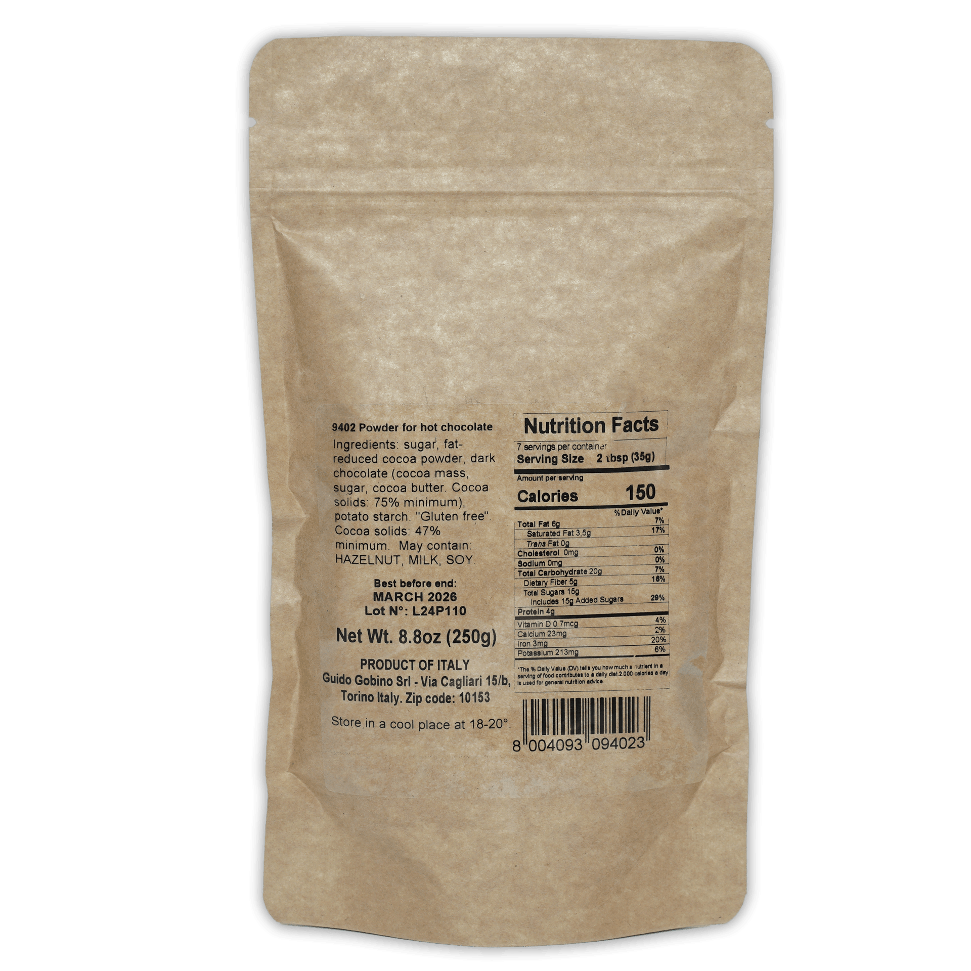 Guido Gobino 9402 Italian hot chocolate powder in beige resealable pouch