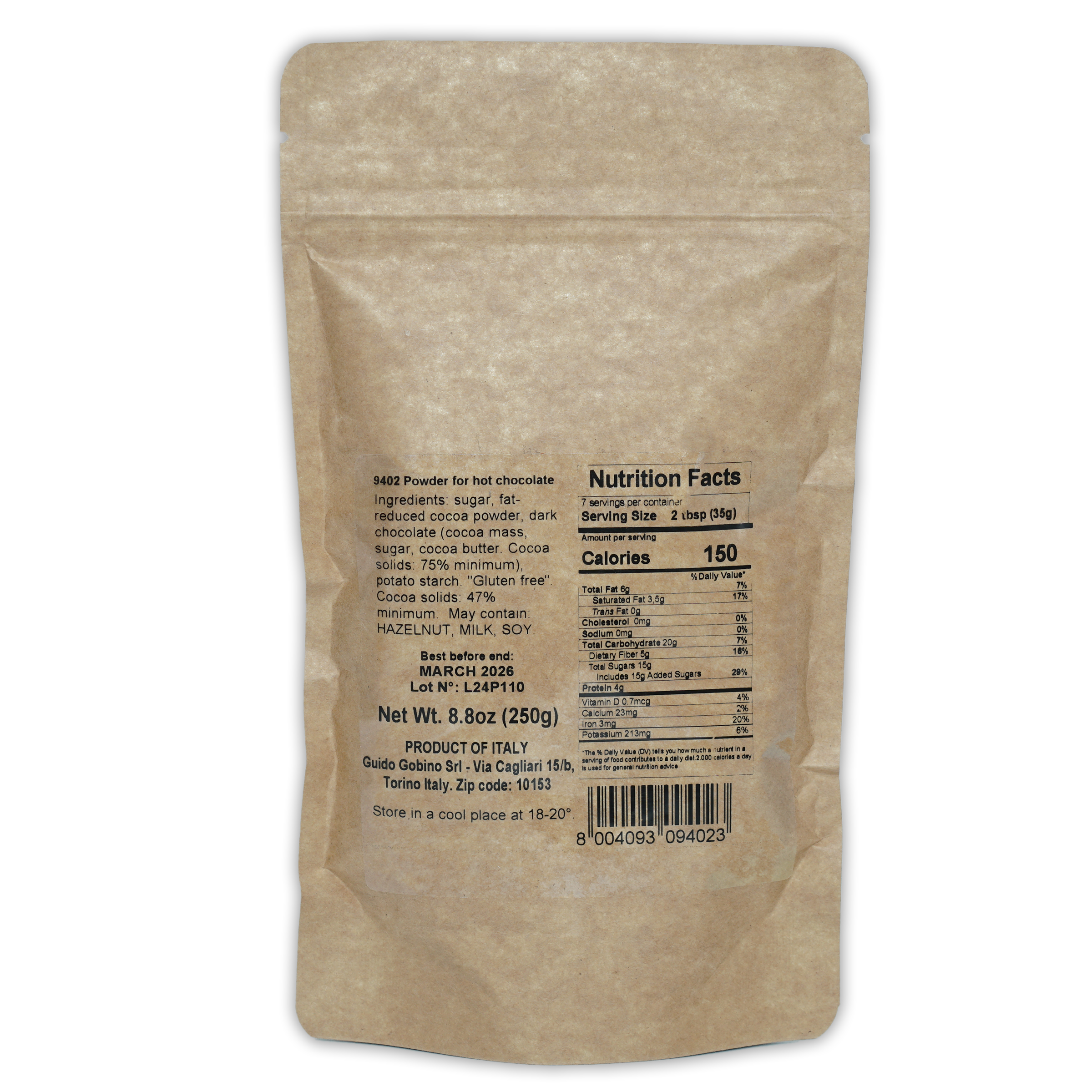 Guido Gobino 9402 Italian hot chocolate powder in beige resealable pouch
