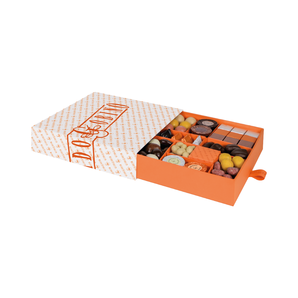Guido Gobino assorted pralines gift box with vibrant orange design and chocolates