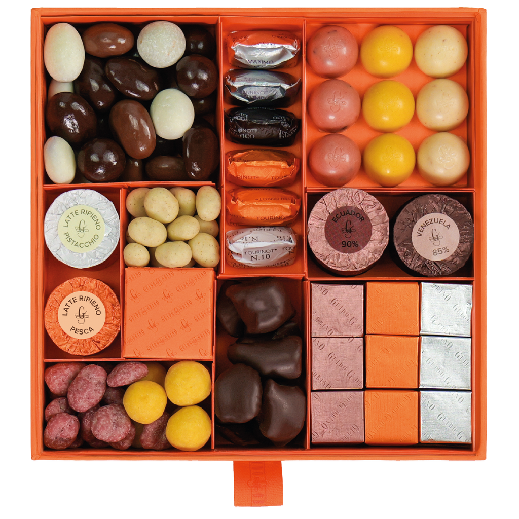 Guido Gobino assorted pralines gift box with colorful luxury chocolates
