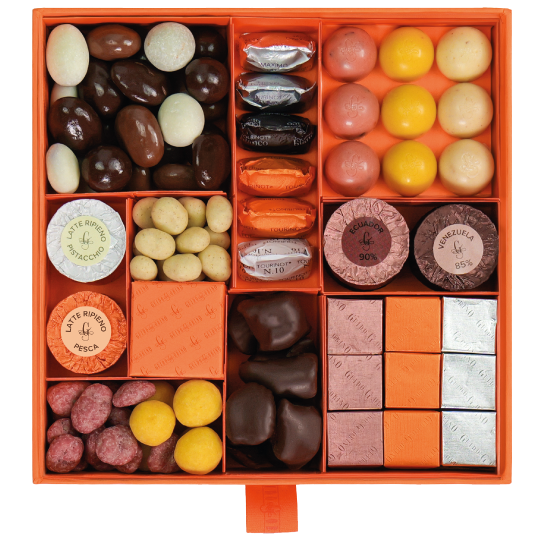 Guido Gobino assorted pralines gift box with colorful luxury chocolates