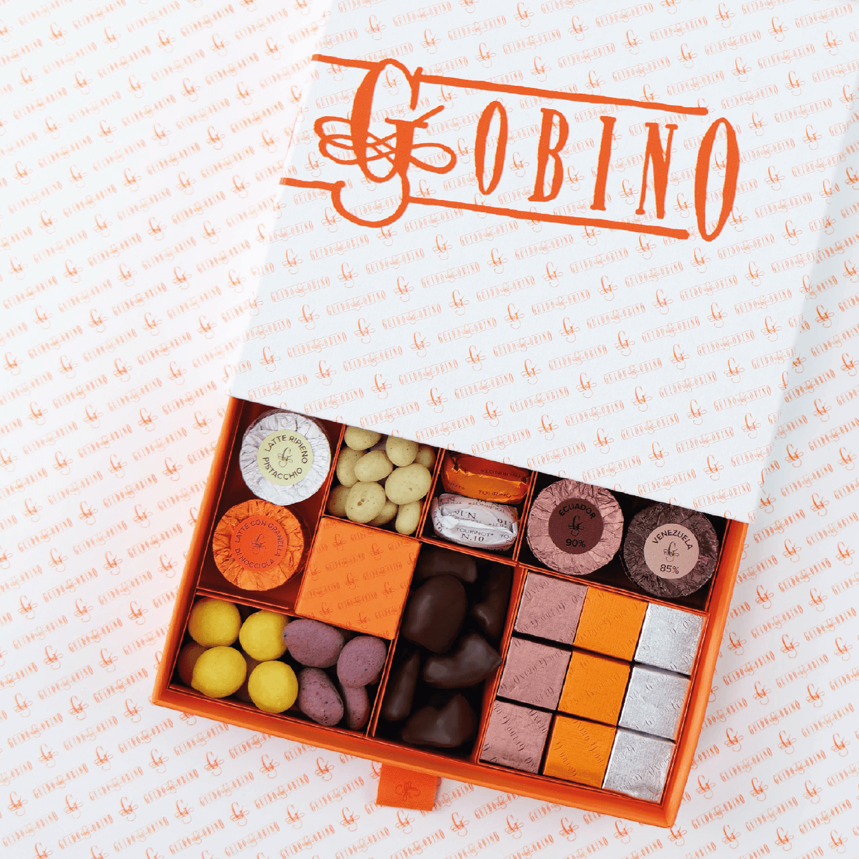 Guido Gobino orange assorted pralines gift box with candies