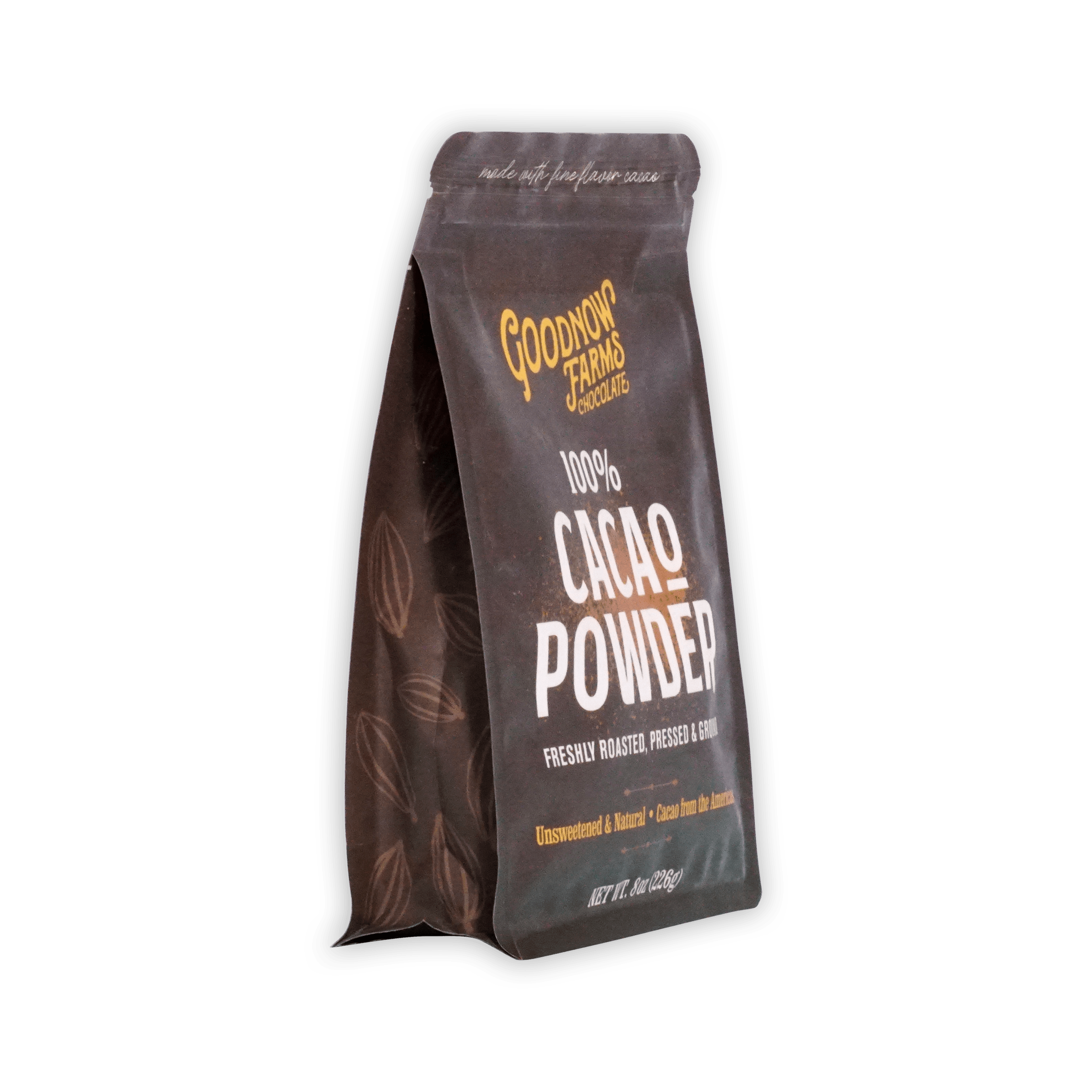 Goodnow Farms 100% Cacao Powder pouch at an angle, brown resealable bag with cacao pod illustrations, 8oz