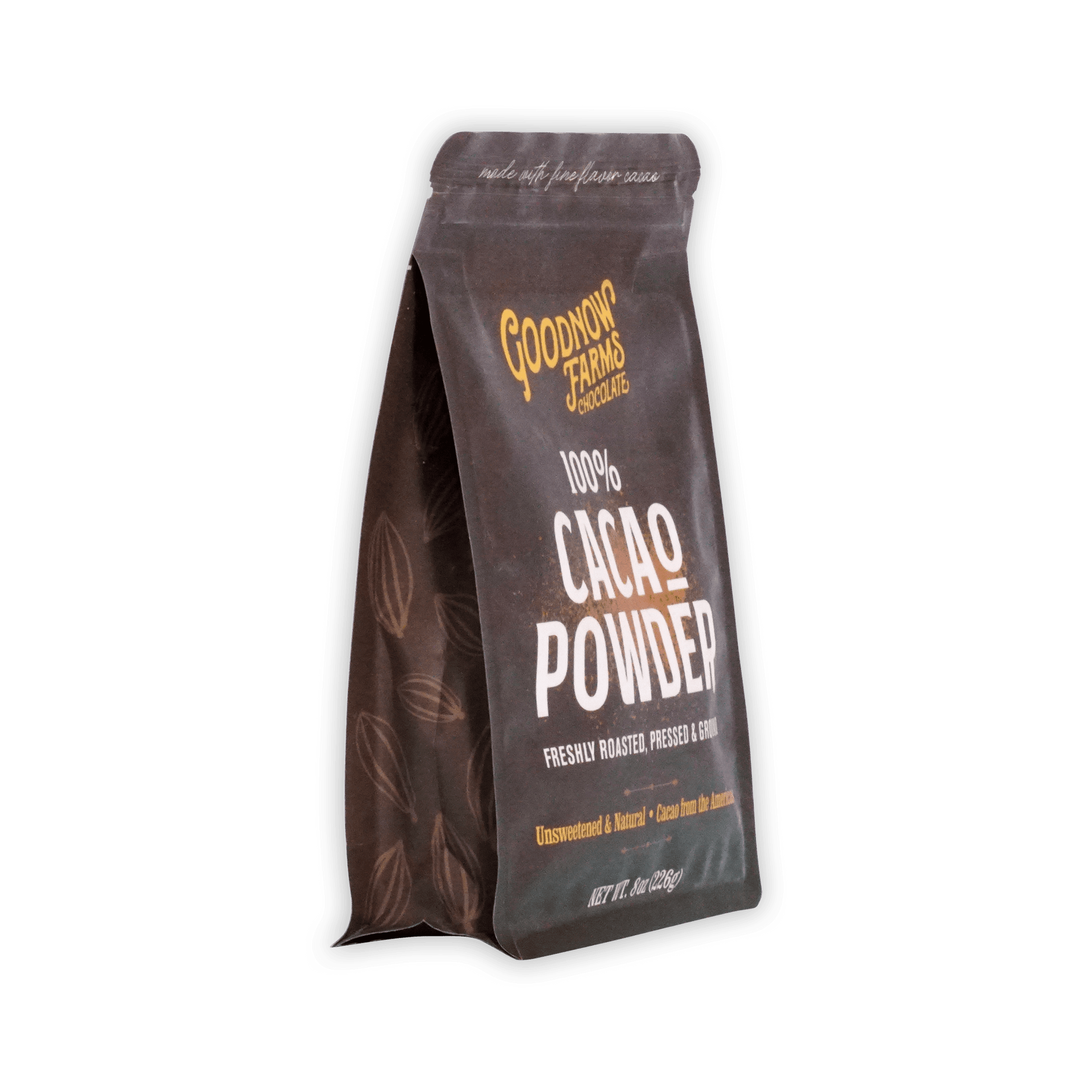 Goodnow Farms 100% Cacao Powder pouch at an angle, brown resealable bag with cacao pod illustrations, 8oz