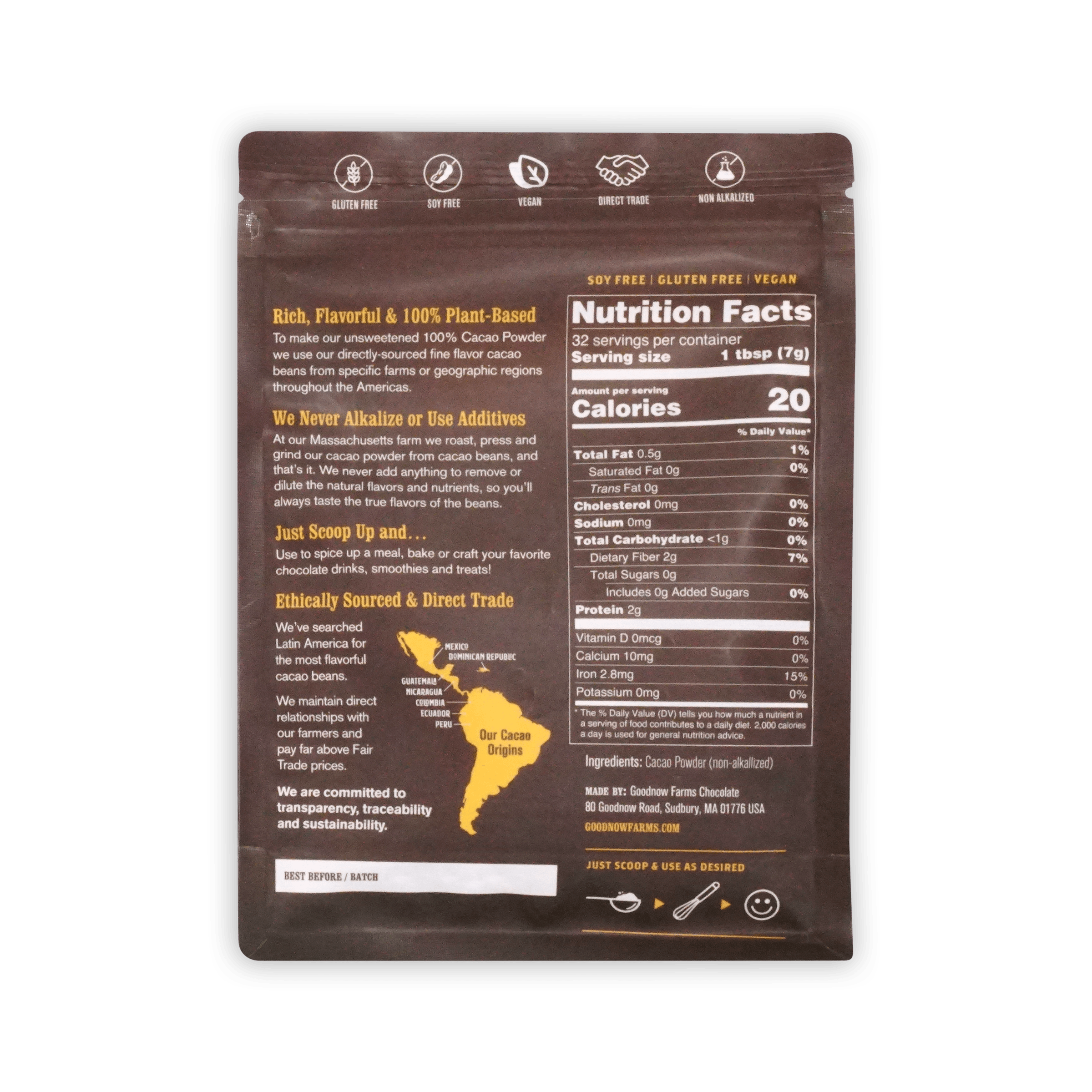 Back of Goodnow Farms Cacao Powder pouch with nutrition facts, a map of cacao origins and product notes