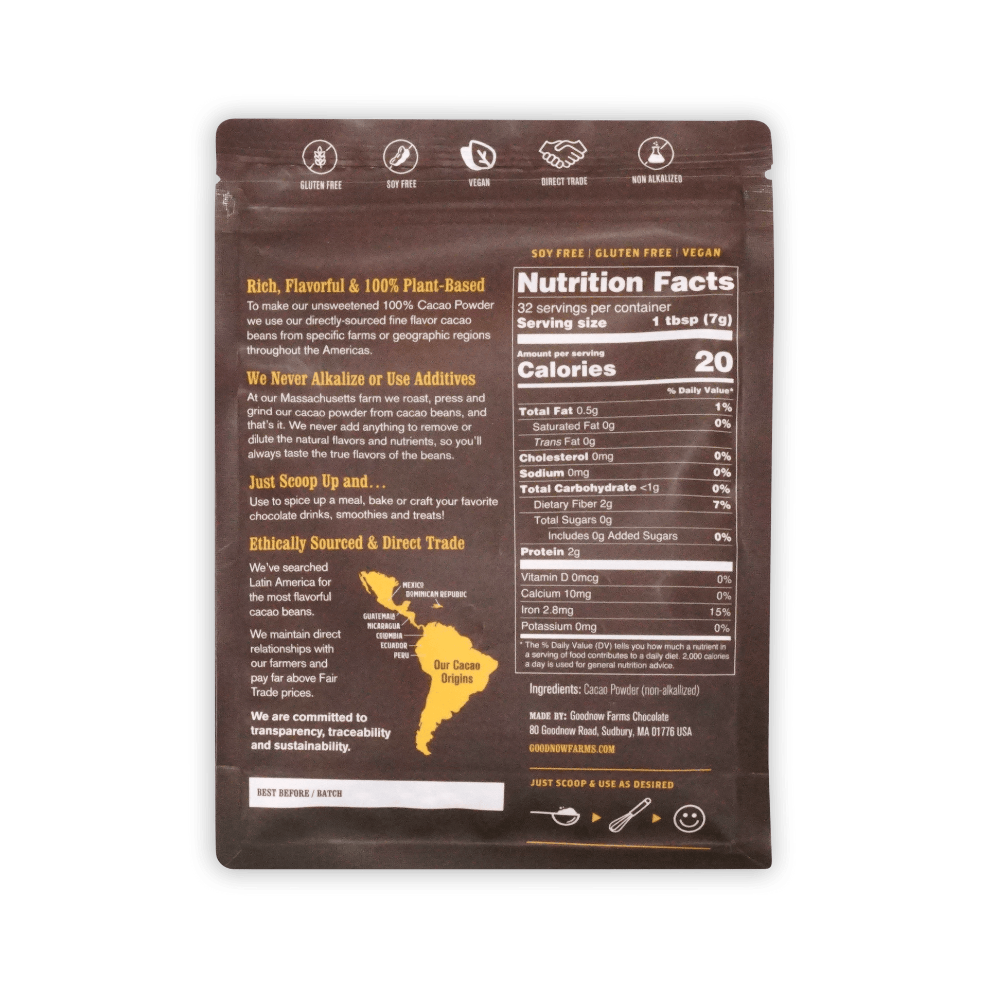 Back of Goodnow Farms Cacao Powder pouch with nutrition facts, a map of cacao origins and product notes