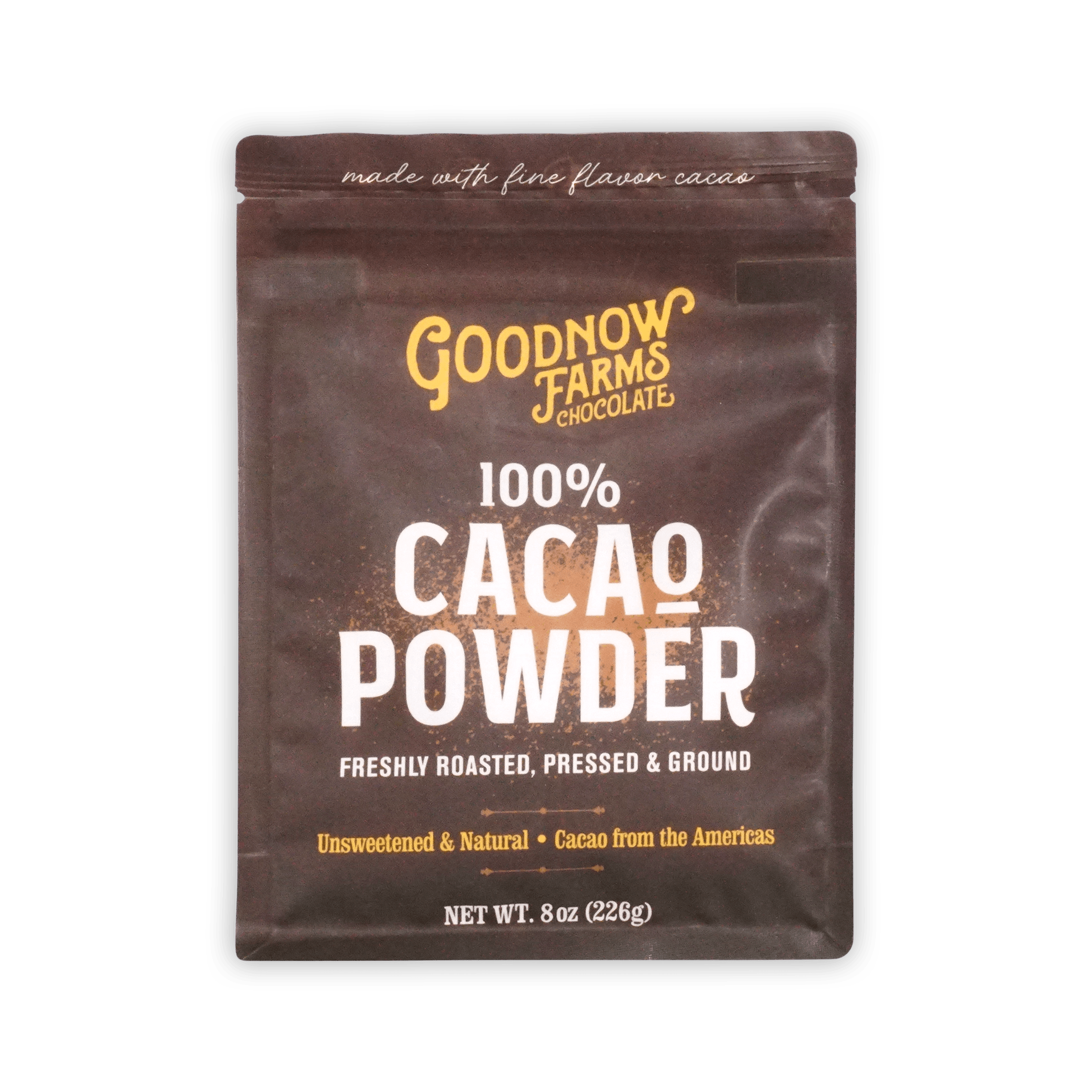 Front of Goodnow Farms 100% Cacao Powder brown pouch, unsweetened and natural, 8oz 226g