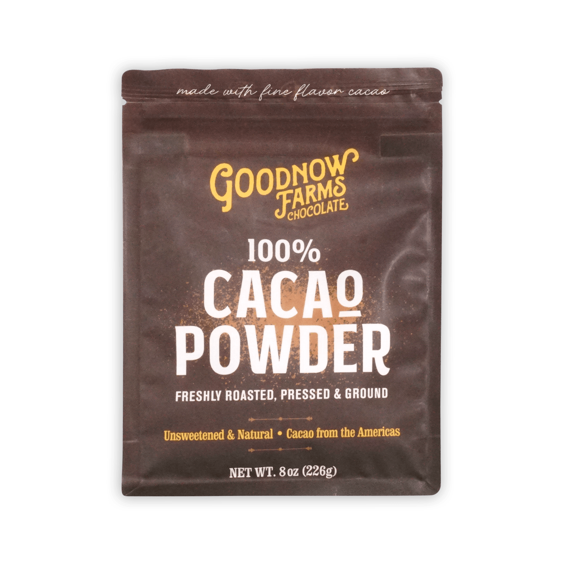 Front of Goodnow Farms 100% Cacao Powder brown pouch, unsweetened and natural, 8oz 226g