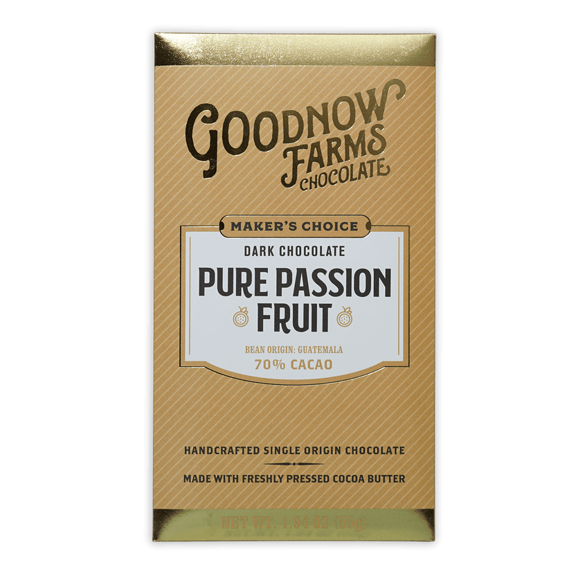 Goodnow Farms Pure Passionfruit 70% dark chocolate bar wrapper